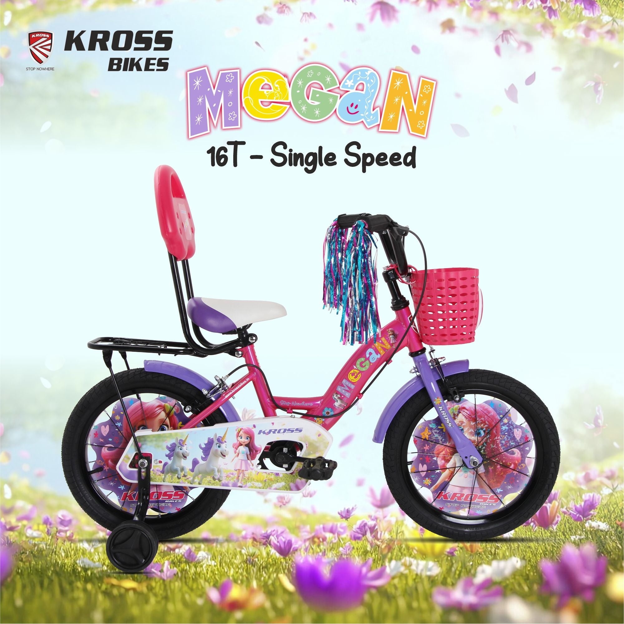 Kross Megan 16T Kids Bicycle with Side Wheels, Basket & Backrest | Pink Purple | Cycle for Girls Age 4-7 Years