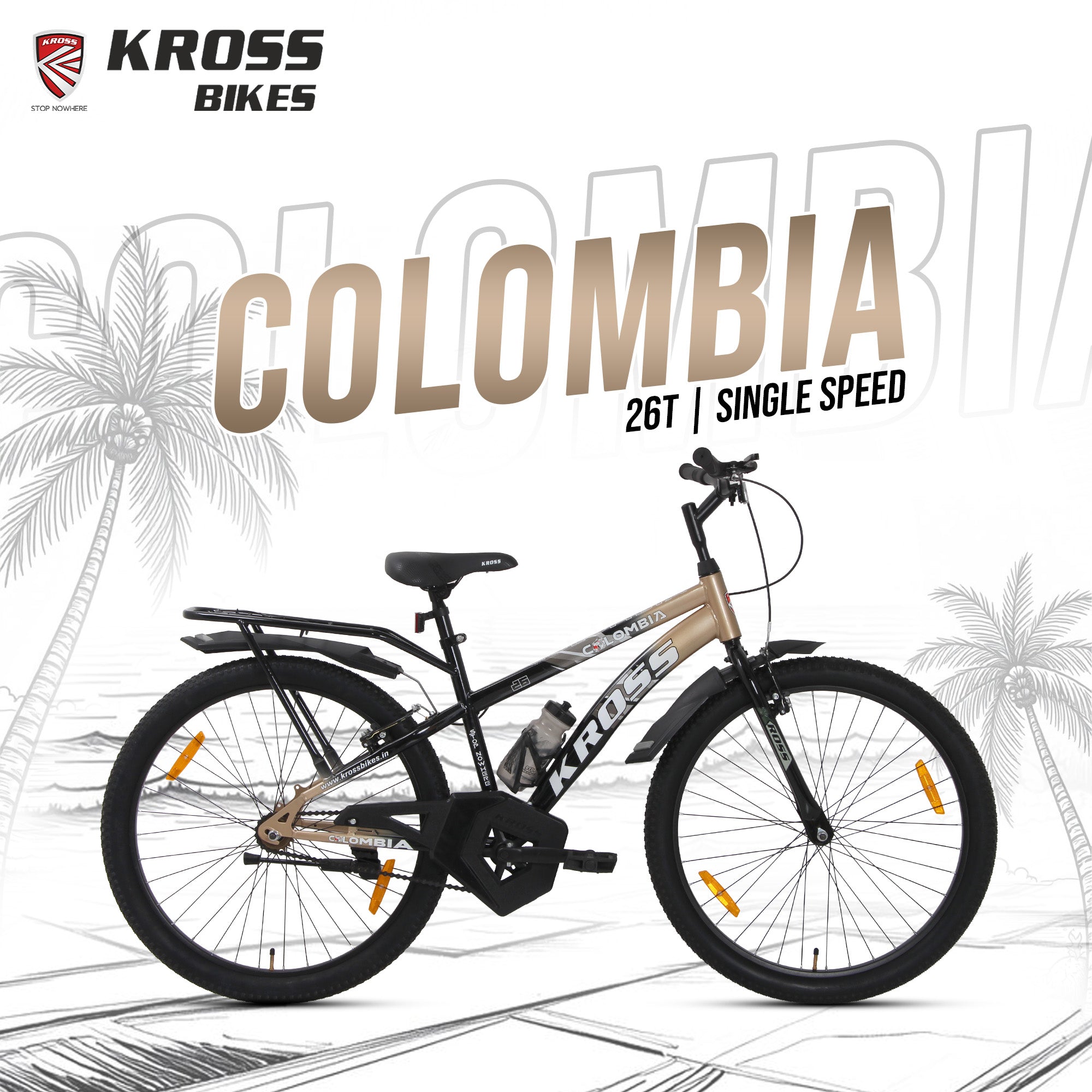 Kross Colombia 26T IBC V-Brake Single Speed Bicycle with Mudguard & Bottle Cage (Gold/Black)