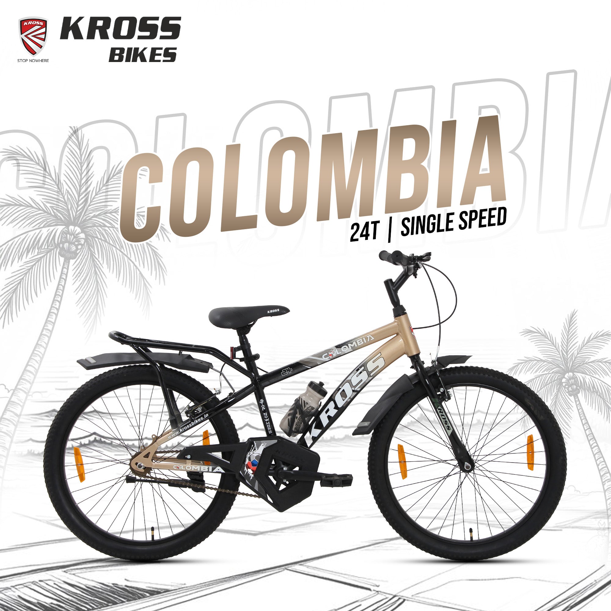 Kross Colombia 24T Kids Bicycle with V-Brakes, Mudguard & Chain Cover – Gold/Black