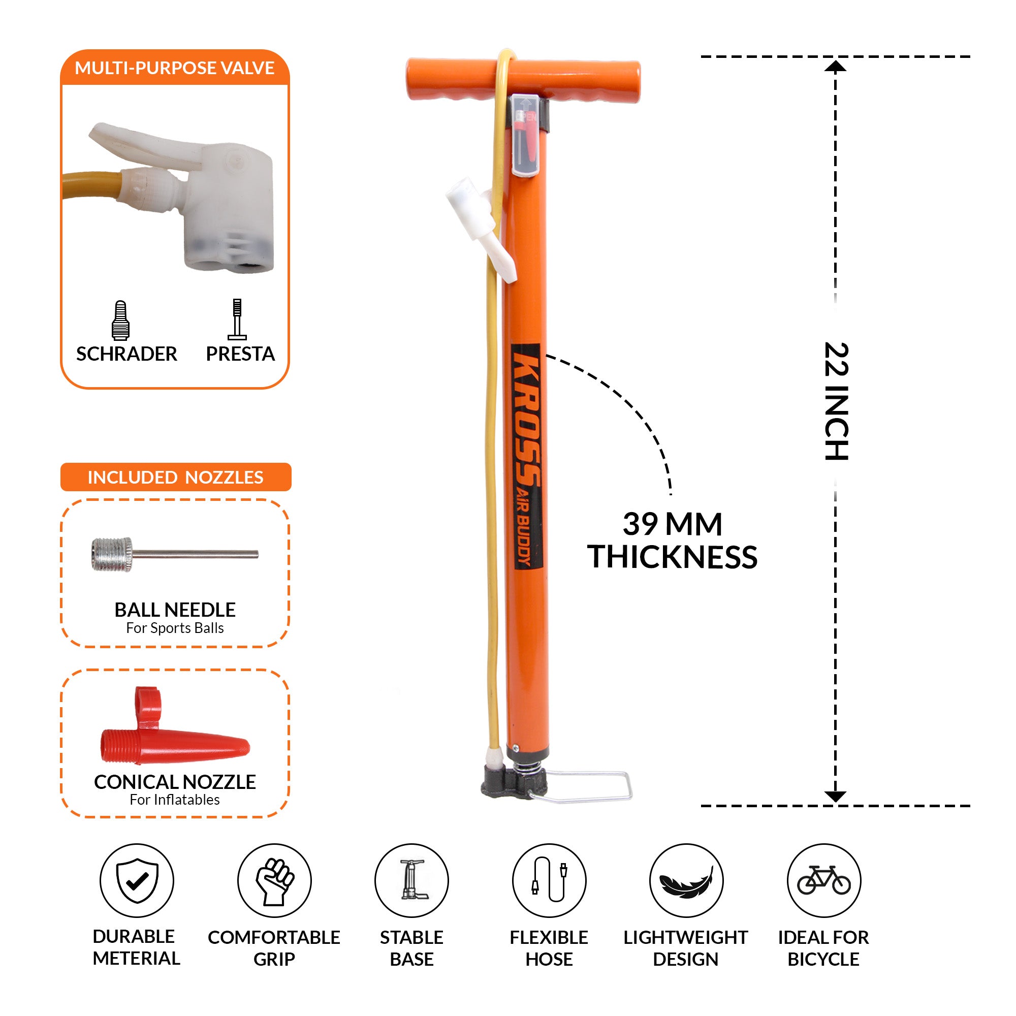 Kross Air Buddy High-Pressure Multipurpose Hand Air Pump (with Universal Dual Valve & Multi-Nozzle Kit)39 MM Orange Pump