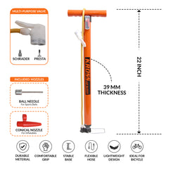 Kross Air Buddy High-Pressure Multipurpose Hand Air Pump (with Universal Dual Valve & Multi-Nozzle Kit)39 MM Orange Pump