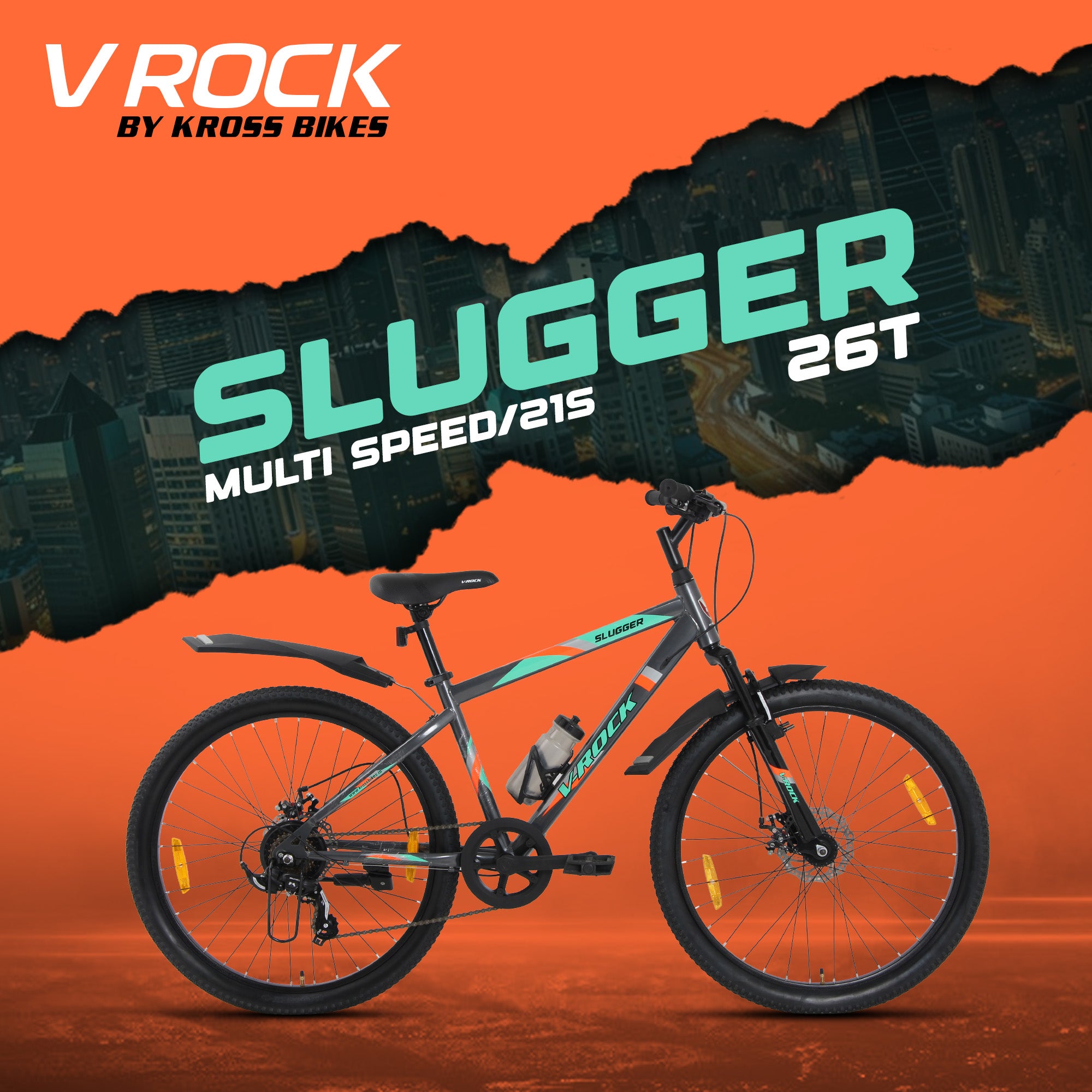 V Rock Slugger 26T 7 Speed Mountain Bike with Suspension Fork, Disc Brakes & Steel Frame (Grey)