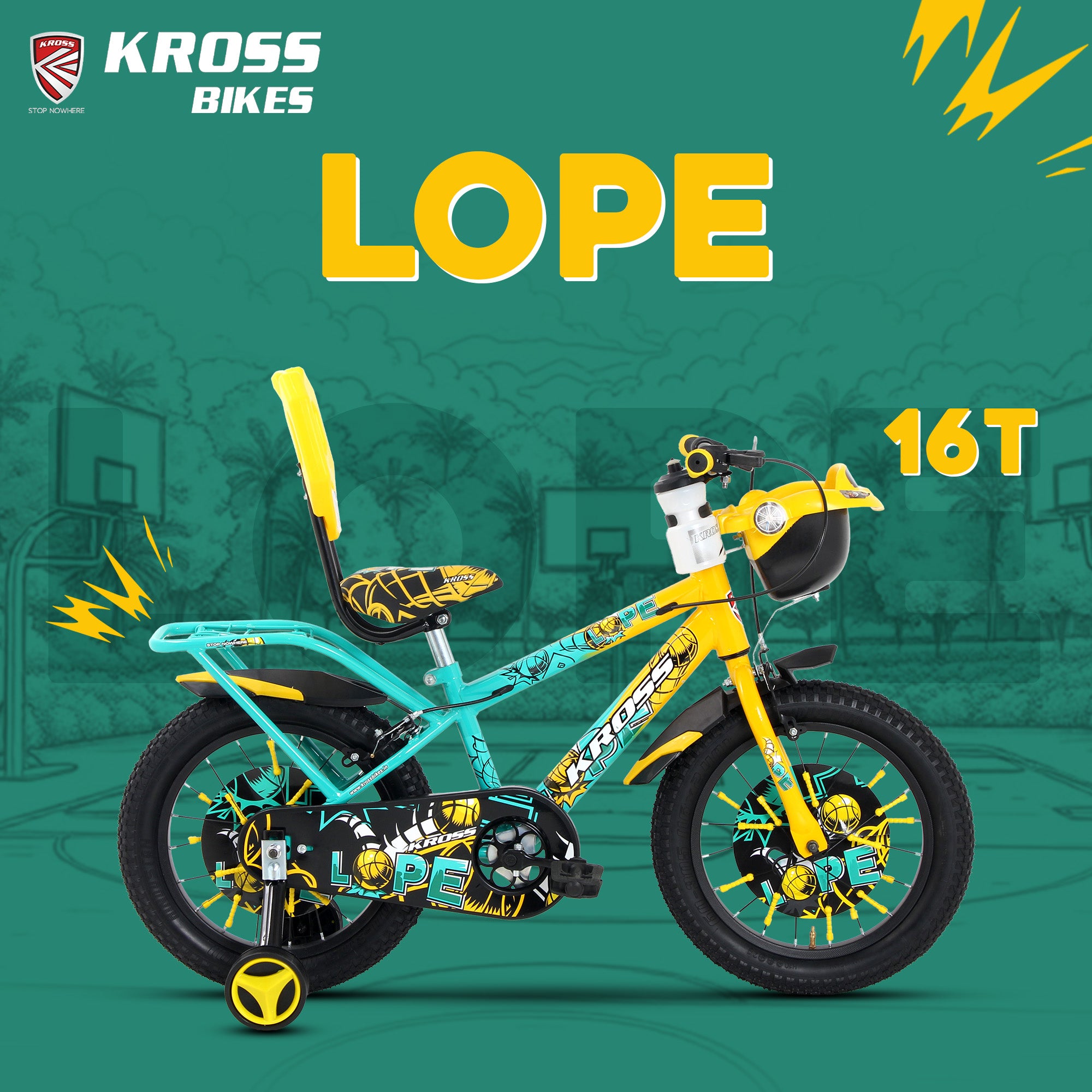 Kross Lope 16T Kids Cycle (16x2.40 Tyre, Dual Color Steel Frame, Caliper Brakes, Basket & Side Wheels, 4–6 Years) with Carrier -Yellow