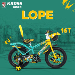 Kross Lope 16T Kids Cycle (16x2.40 Tyre, Dual Color Steel Frame, Caliper Brakes, Basket & Side Wheels, 4–6 Years) with Carrier -Yellow