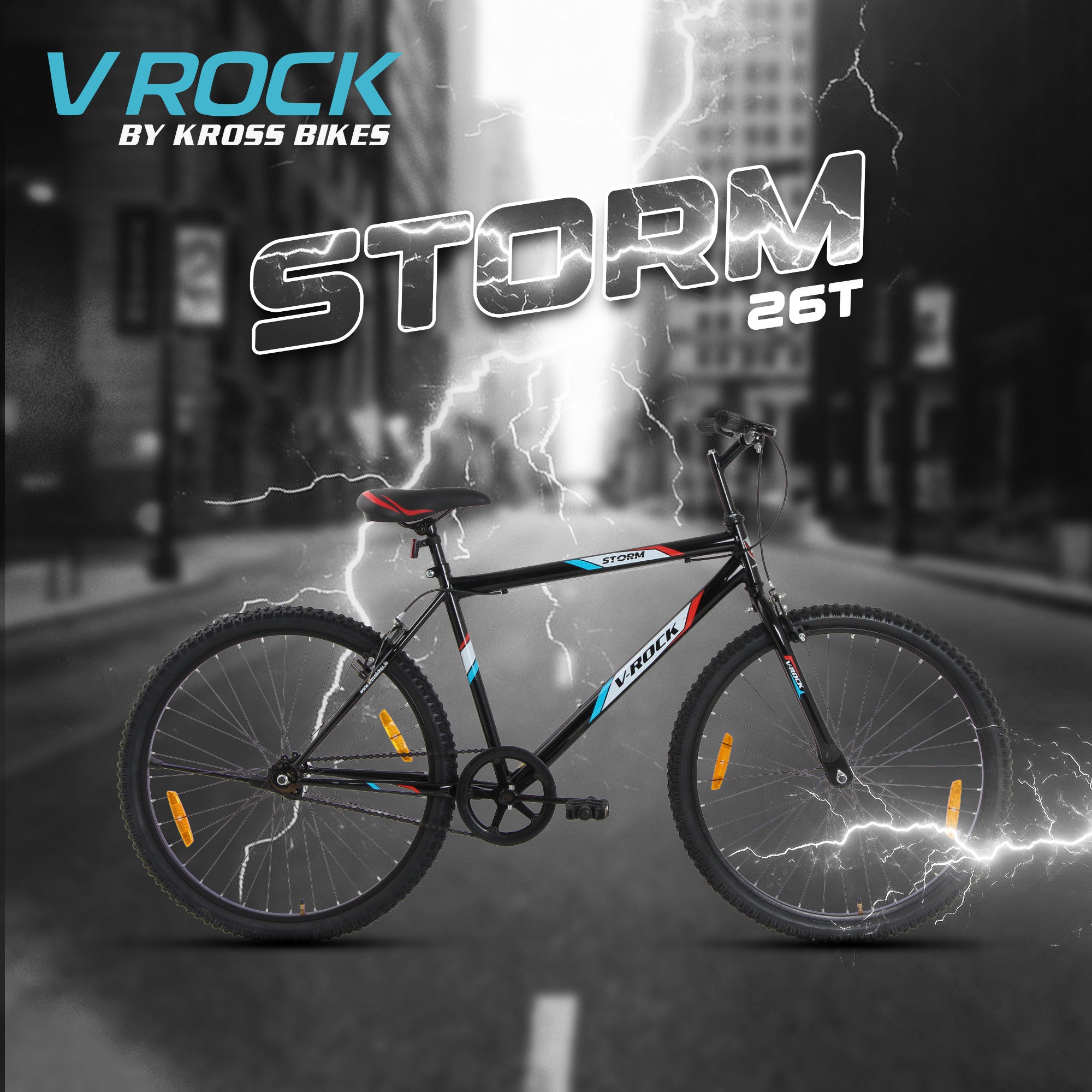 V Rock Storm 26T, Single Speed Mountain Bike, Steel Frame, Rigid Fork, Caliper Brakes Black