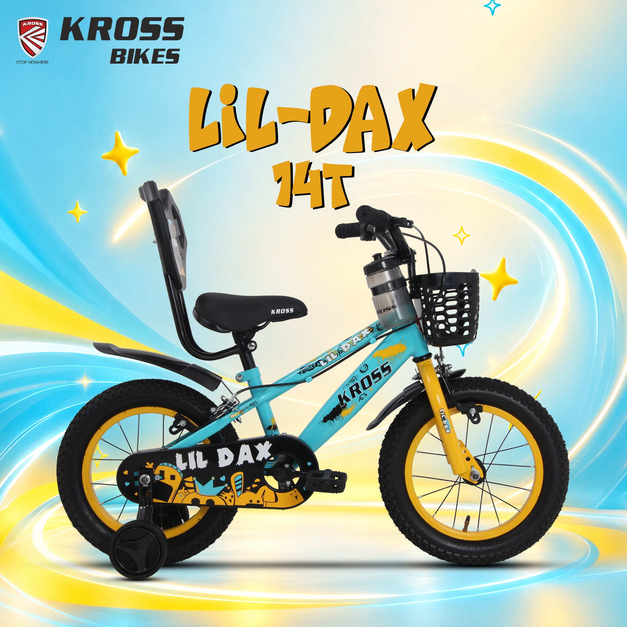 Kross Lil Dax 14T Kids Bicycle for Boys & Girls | Steel Frame | Single Speed | Training Wheels, Basket & Backrest | Blue-Yellow