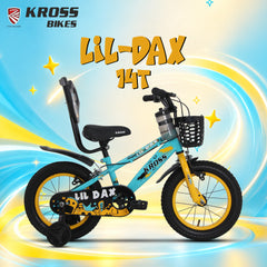 Kross Lil Dax 14T Kids Bicycle for Boys & Girls | Steel Frame | Single Speed | Training Wheels, Basket & Backrest | Blue-Yellow