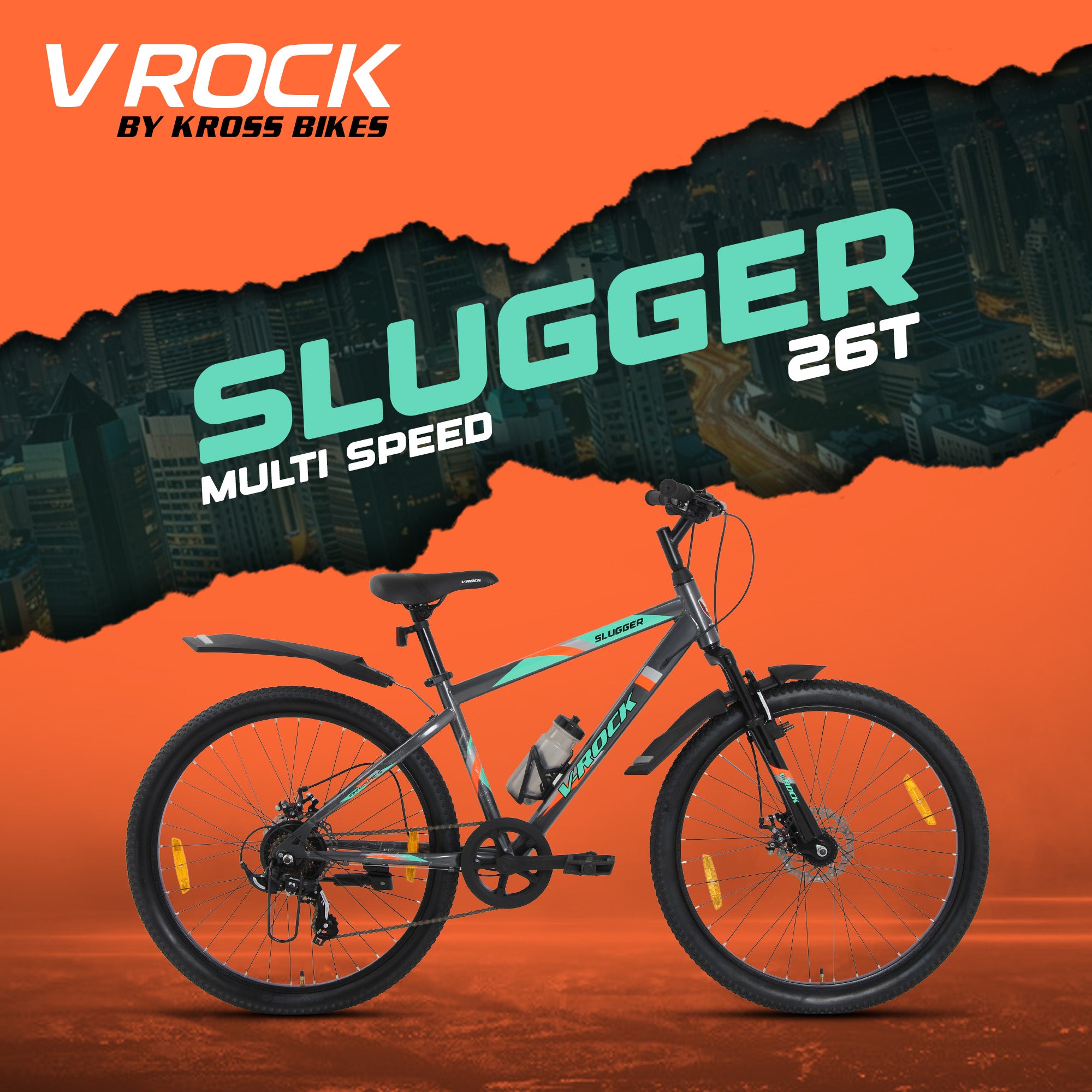 V Rock Slugger 26T 7 Speed Mountain Bike with Suspension Fork, Disc Brakes & Steel Frame (Grey)