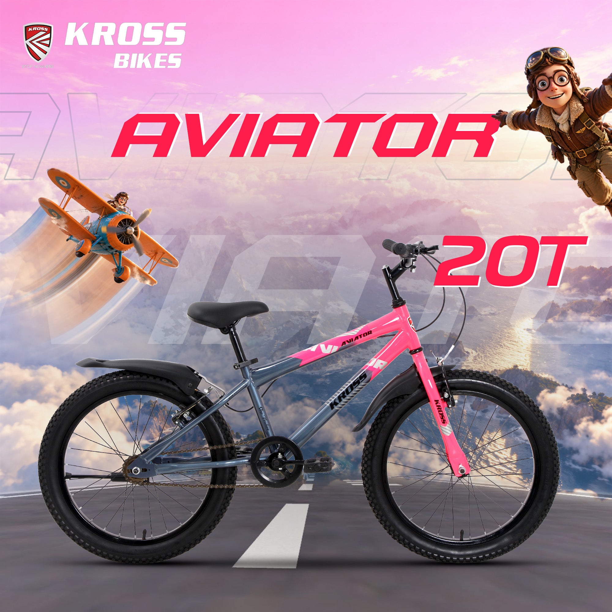 Kross Aviator 20T Kids Bicycle Grey/Pink | 20 x 2.40 Inch Tyres | Single Speed | Steel Frame | V-Brakes | Mudguards