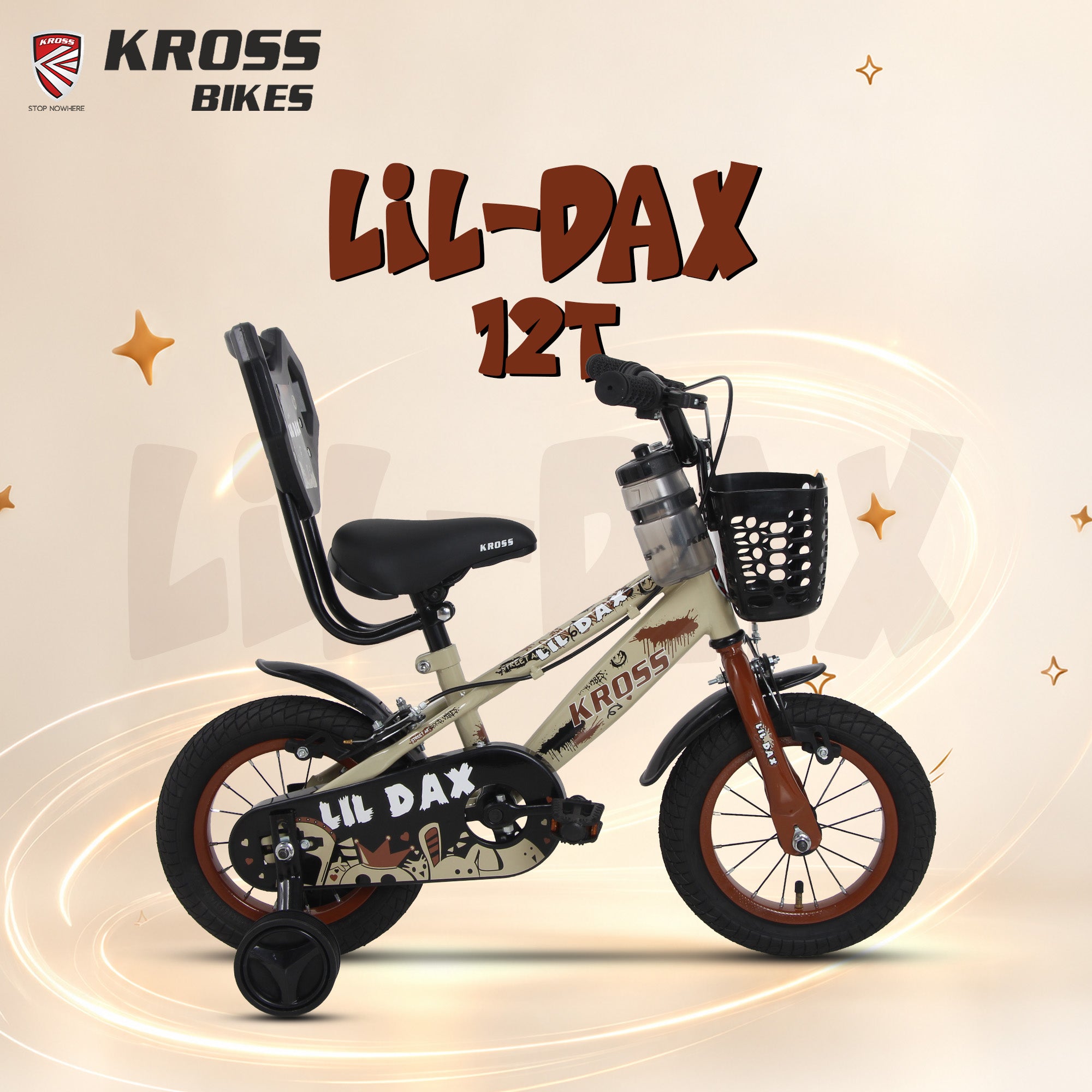 Kross Lil Dax 12T Kids Bicycle for Boys & Girls | Steel Frame | Training Wheels | Basket & Backrest | Cream & Brown