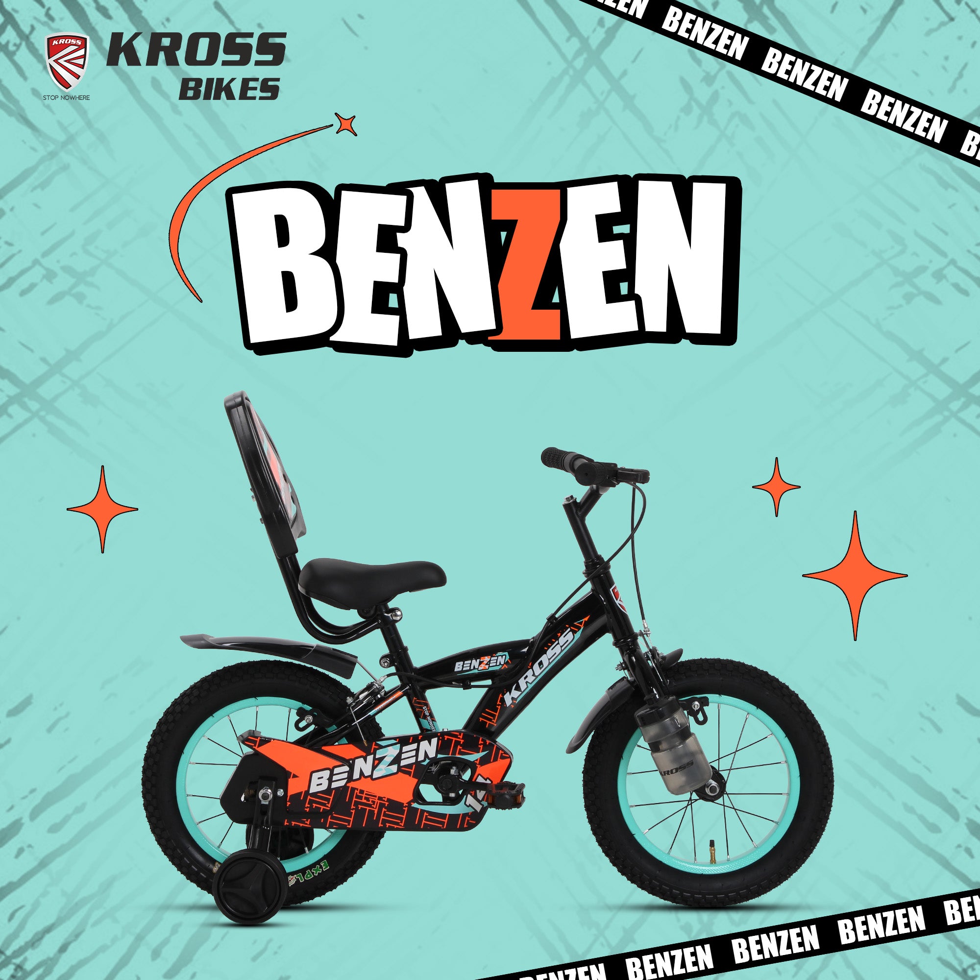 Kross Benzen Crush 14T Kids Cycle with Training Wheels, Back Rest & Bottle – Black