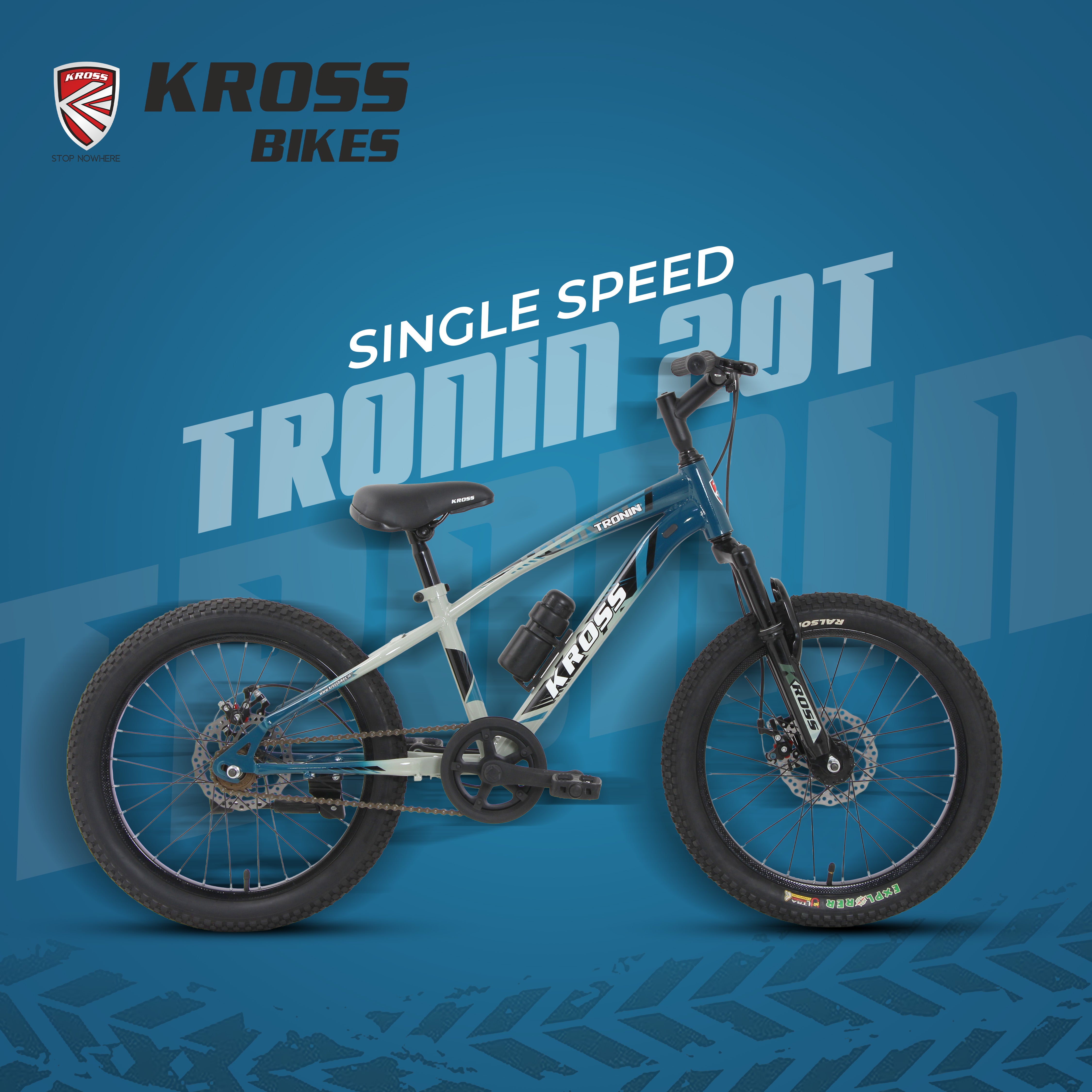 Kross Tronin 20T Kids MTB Cycle – 20×2.40 Fat Tyres, Dual Disc Brakes, Suspension Fork, Steel Frame, Single Speed (Grey/Blue)