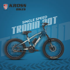 Kross Tronin 20T Kids MTB Cycle – 20×2.40 Fat Tyres, Dual Disc Brakes, Suspension Fork, Steel Frame, Single Speed (Grey/Blue)