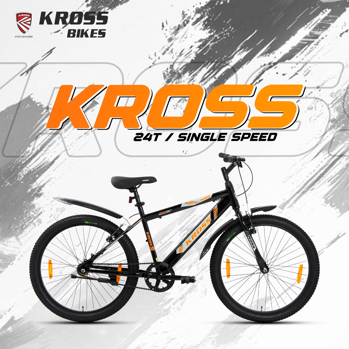 Kross 24T Single Speed Kids Bicycle – Steel Frame, V-Brakes, 24x2.40 Tyres, Black