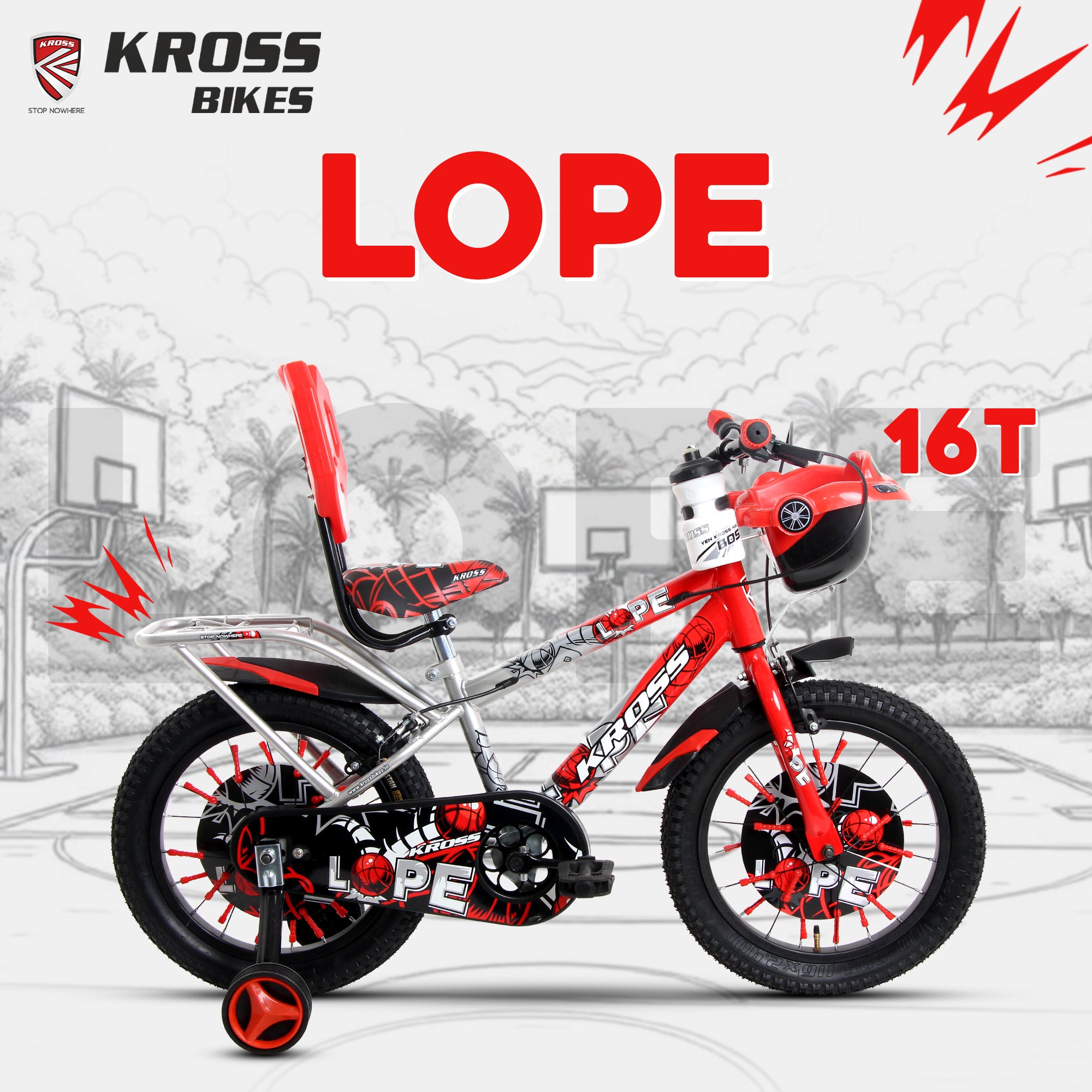 Kross Lope 16T Kids Cycle (16x2.40 Tyre, Dual Color Steel Frame, Caliper Brakes, Basket & Side Wheels, 4–6 Years) with Carrier-Red