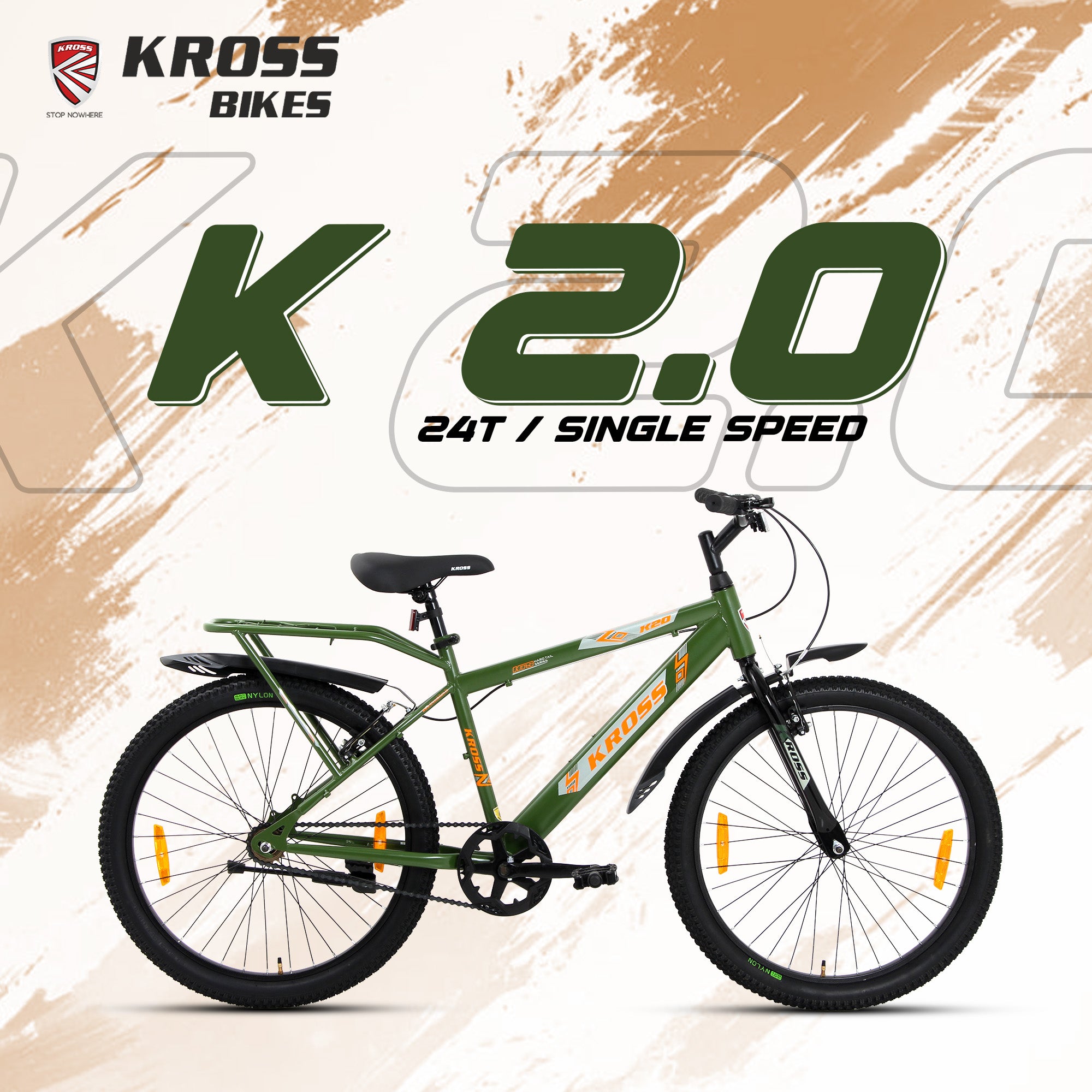 Kross K 2.0 24T Single Speed Kids Bicycle – Steel Frame, V-Brakes, Inbuilt Carrier, 24x2.40 Tyres, Army Green