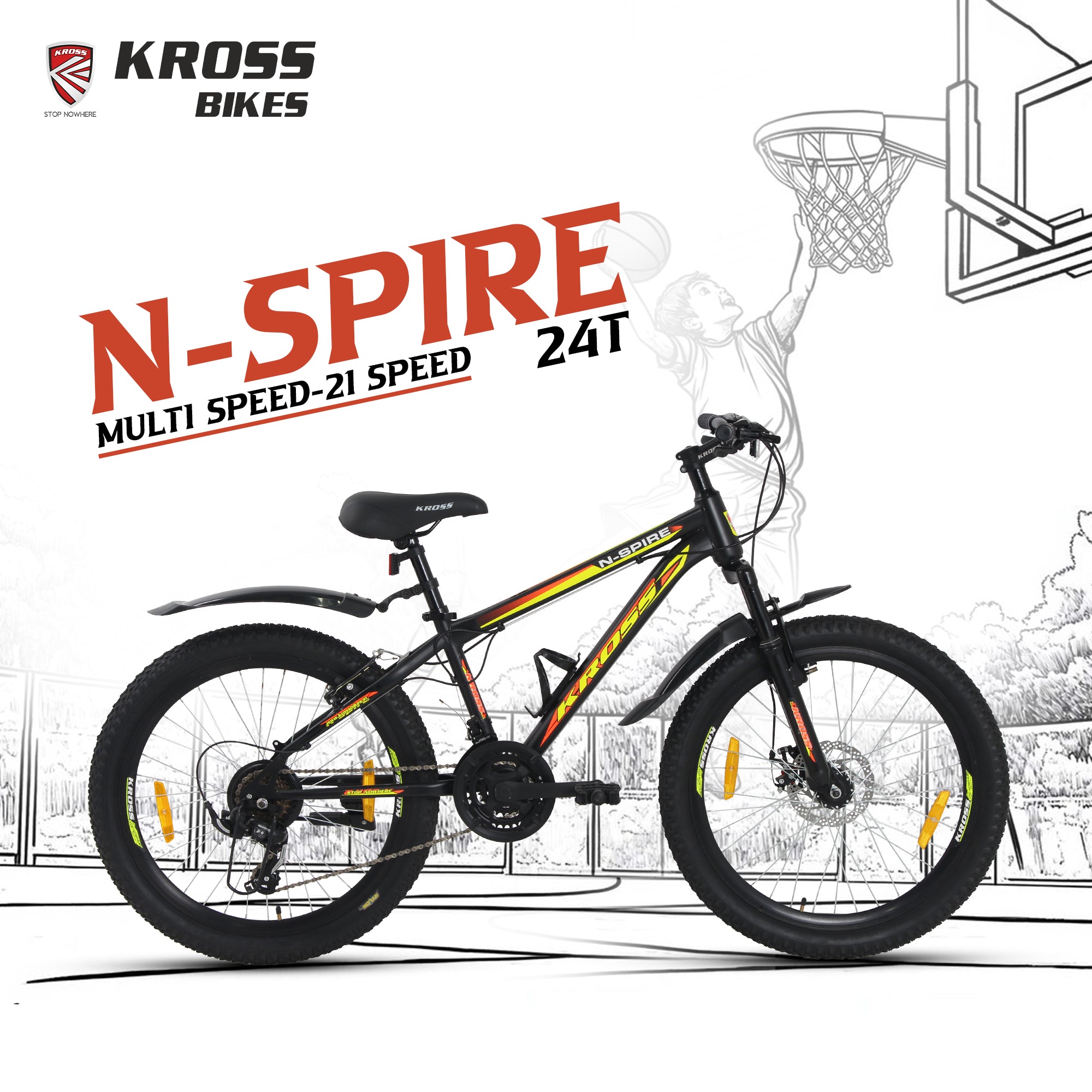 KROSS N-Spire 24T 21-Speed Mountain Cycle with Suspension Fork & Disc Brake – Matte Black