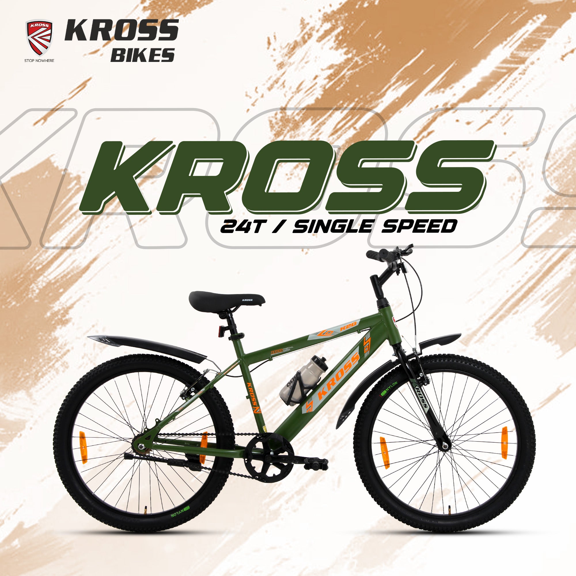 Kross 24T MTB Cycle – Army Green | Steel Frame | V-Brake | 24 x 2.40 Tyres