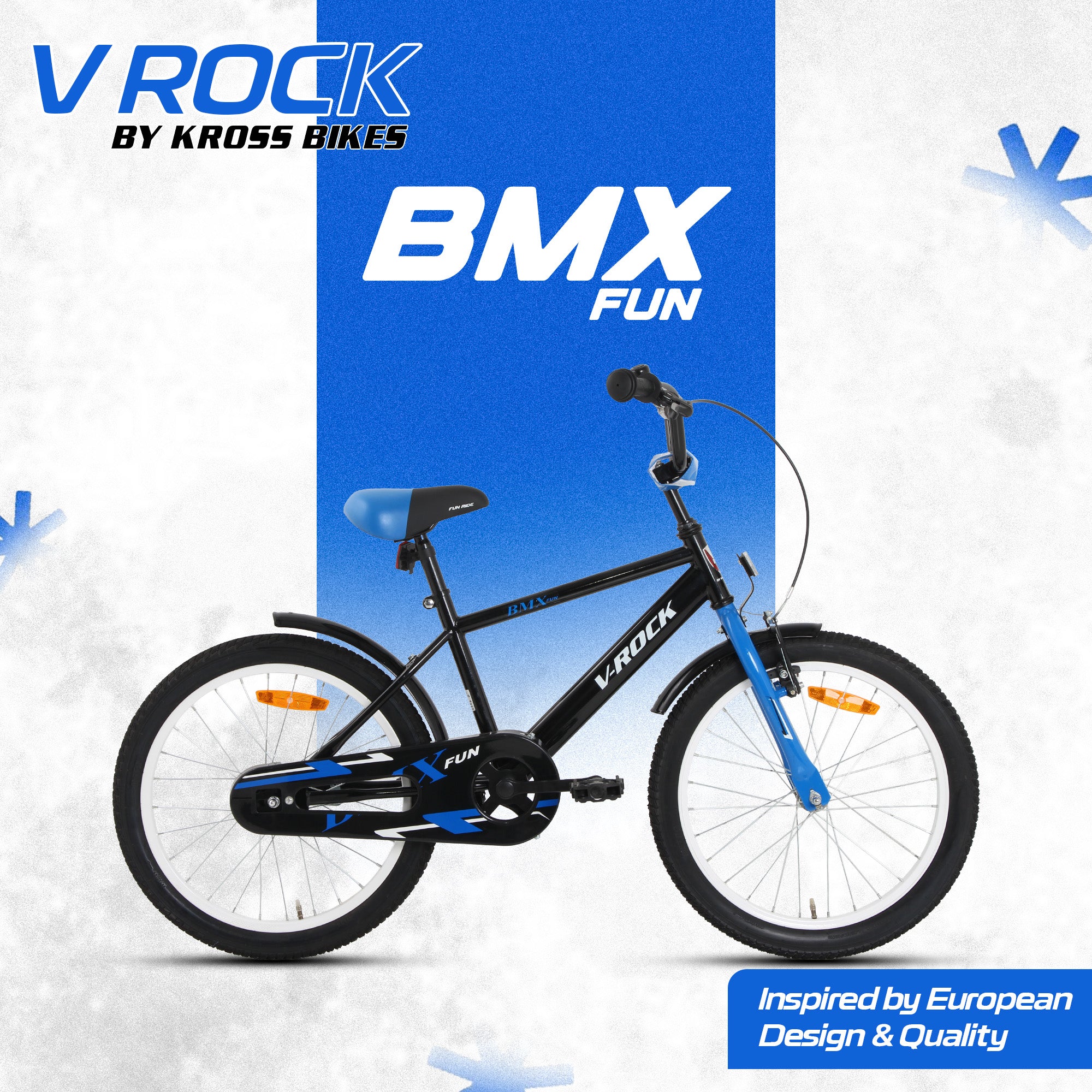 V Rock 20T BMX Fun Kids Bicycle | 20 Inch Wheels | Steel Frame | Coaster Brake | Black-Blue | Age 6-9 Years