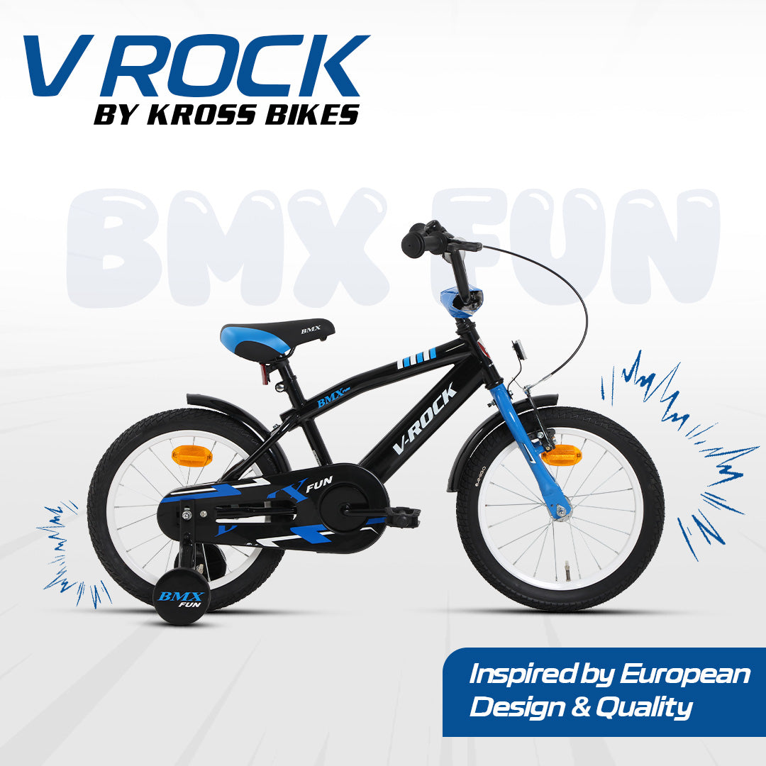 V Rock 16T BMX Fun Kids Bicycle with Training Wheels & Coaster Brake – Black Blue