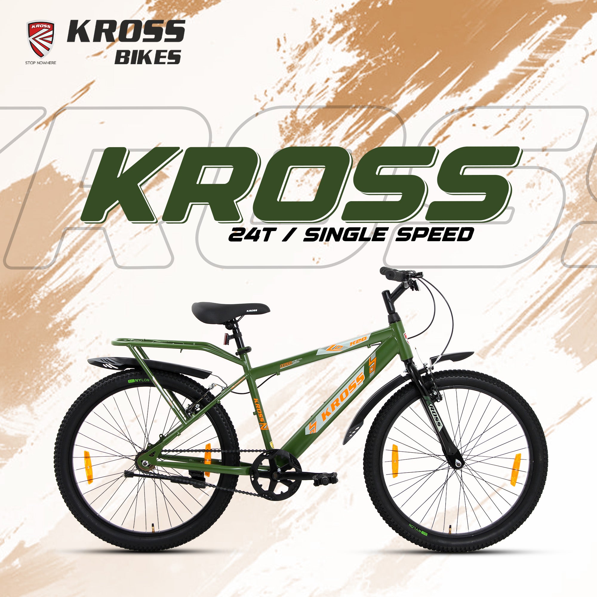 Kross 24T Single Speed Kids Bicycle – Steel Frame, V-Brakes, Inbuilt Carrier, 24x2.40 Tyres, Army Green