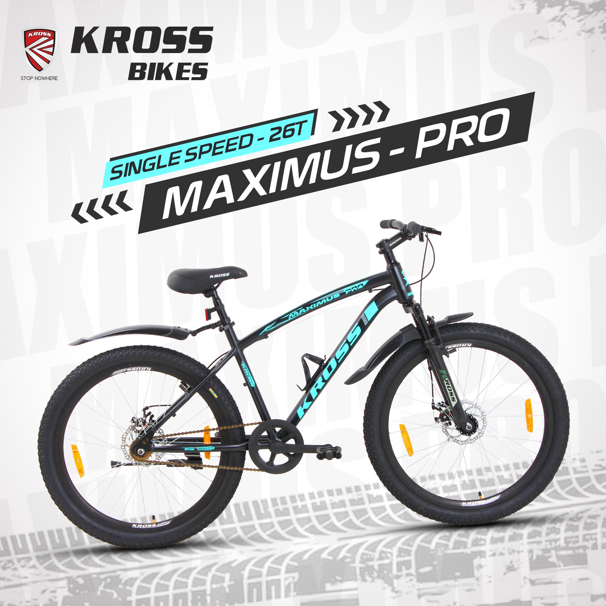 Kross Maximus Pro 26T Mountain Bike – Steel Frame, Suspension Fork, Dual Disc Brakes, Wide 2.35” Tyres (Black-Blue, Single Speed)