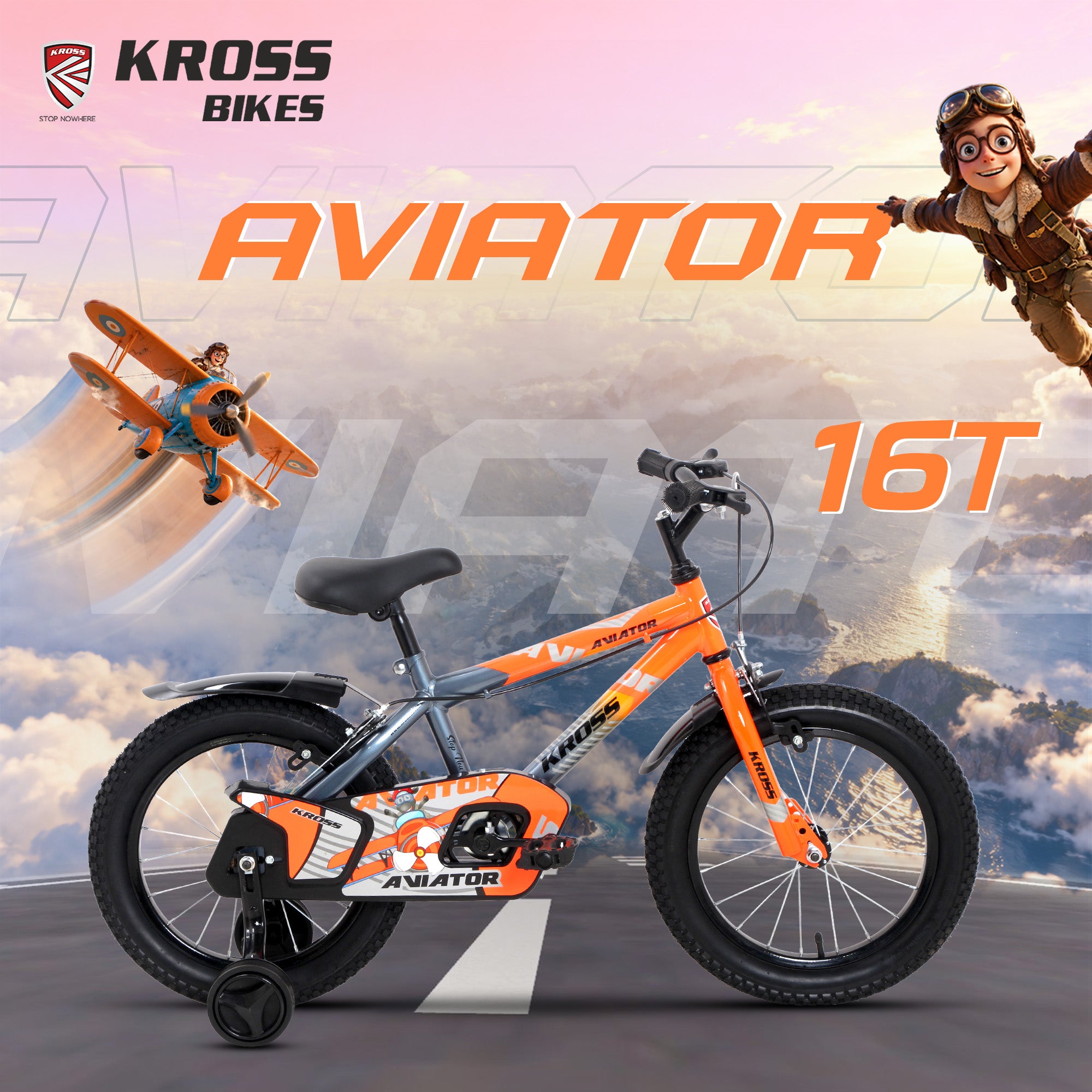Kross Aviator 16T Kids Bicycle Grey Orange with Training Wheels | Front & Rear Caliper Brakes | 16 x 2.40 Tyres