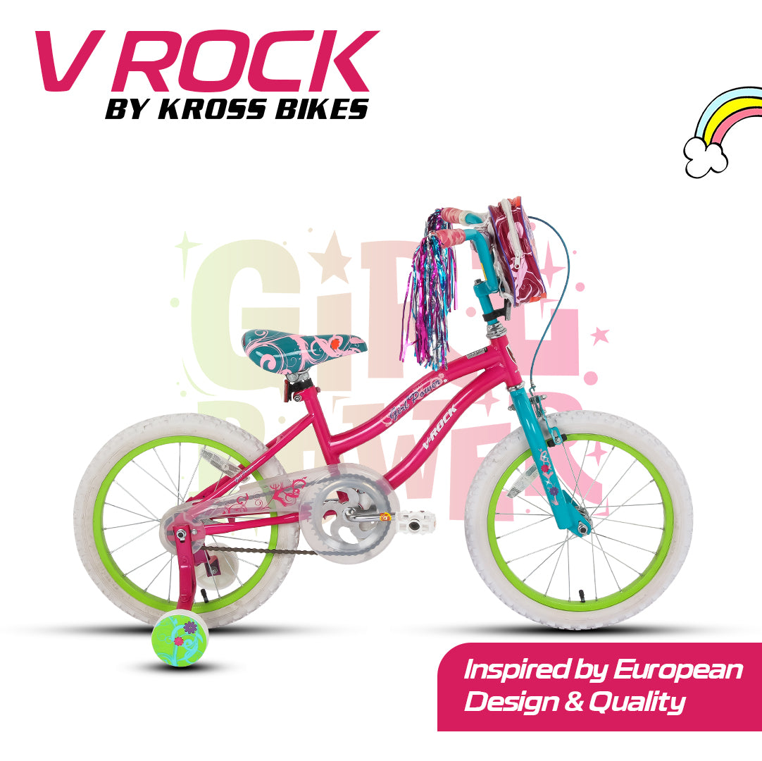 V Rock Girl Power 18T Bicycle for Kids (4–7 Years) | Pink–Turquoise, Steel Frame, Training Wheels