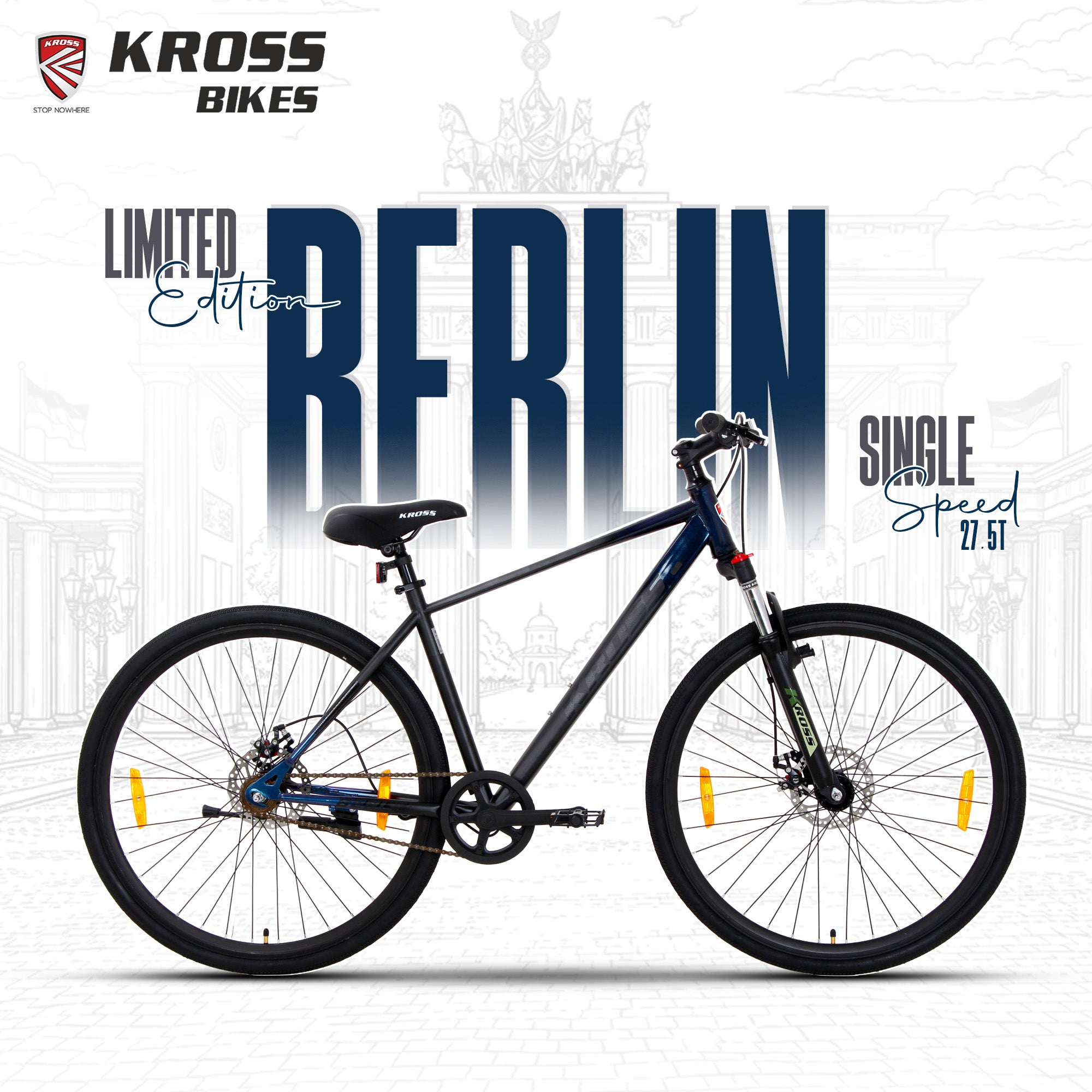 Kross Berlin 700C Single Speed Hybrid Bicycle, Black & Galaxy Blue, Alloy Double Wall Rims, Suspension Fork, Mechanical Disc Brakes