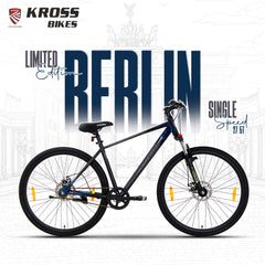 Kross Berlin 700C Single Speed Hybrid Bicycle, Black & Galaxy Blue, Alloy Double Wall Rims, Suspension Fork, Mechanical Disc Brakes