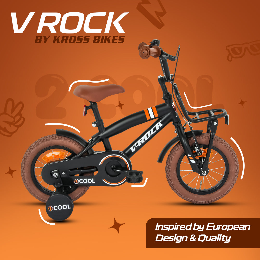V Rock 2 Cool 12T Kids Bicycle | 12-inch Steel Frame | Rubber Tyres | Front V-Brake & Rear Coaster Brake | Adjustable Seat | Training Wheels | Age 4–7 Years (Black)