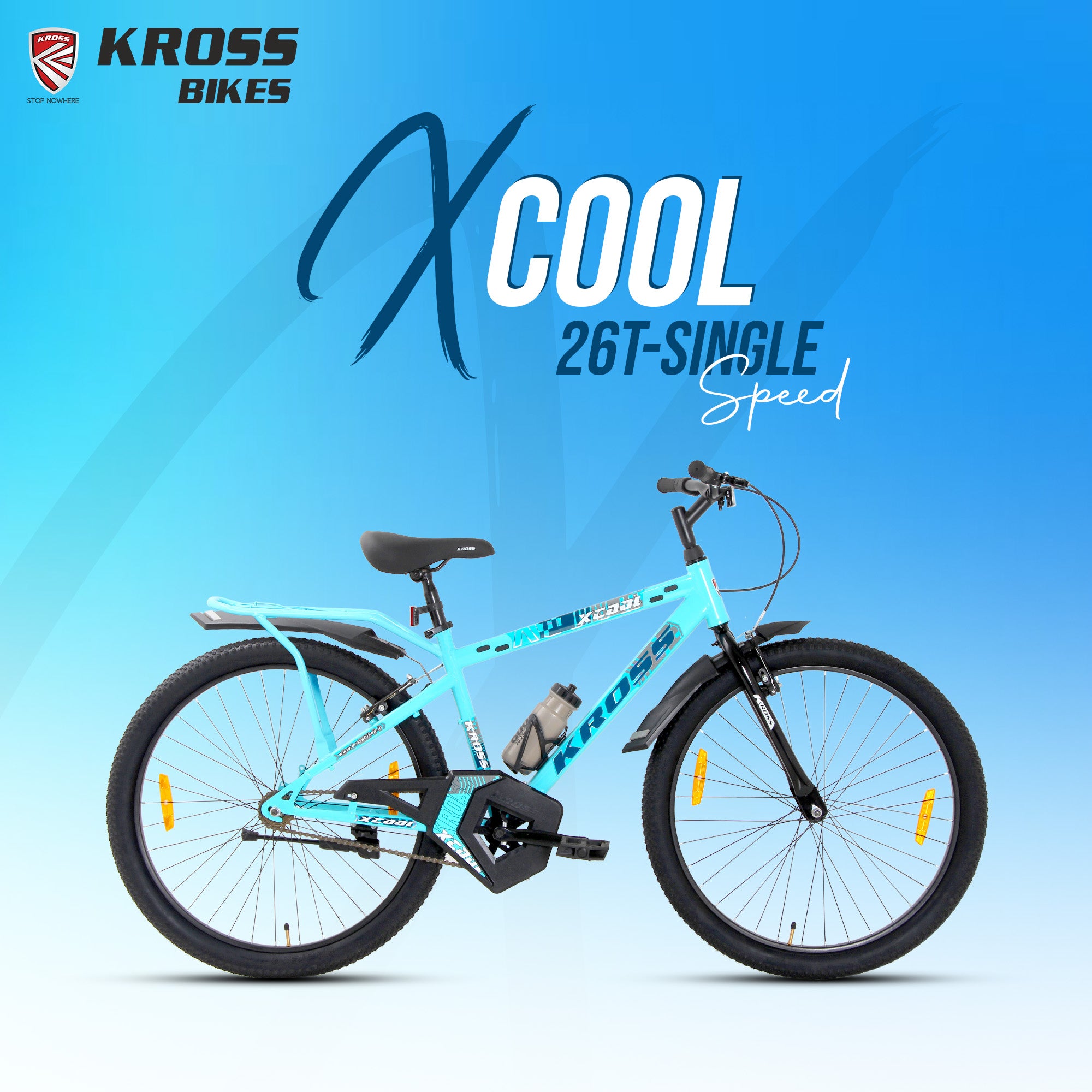 Kross XCool 26T Single Speed MTB Bicycle with Internal Cable Routing, V-Brakes, Water Bottle & Mudguards (Aqua Blue)