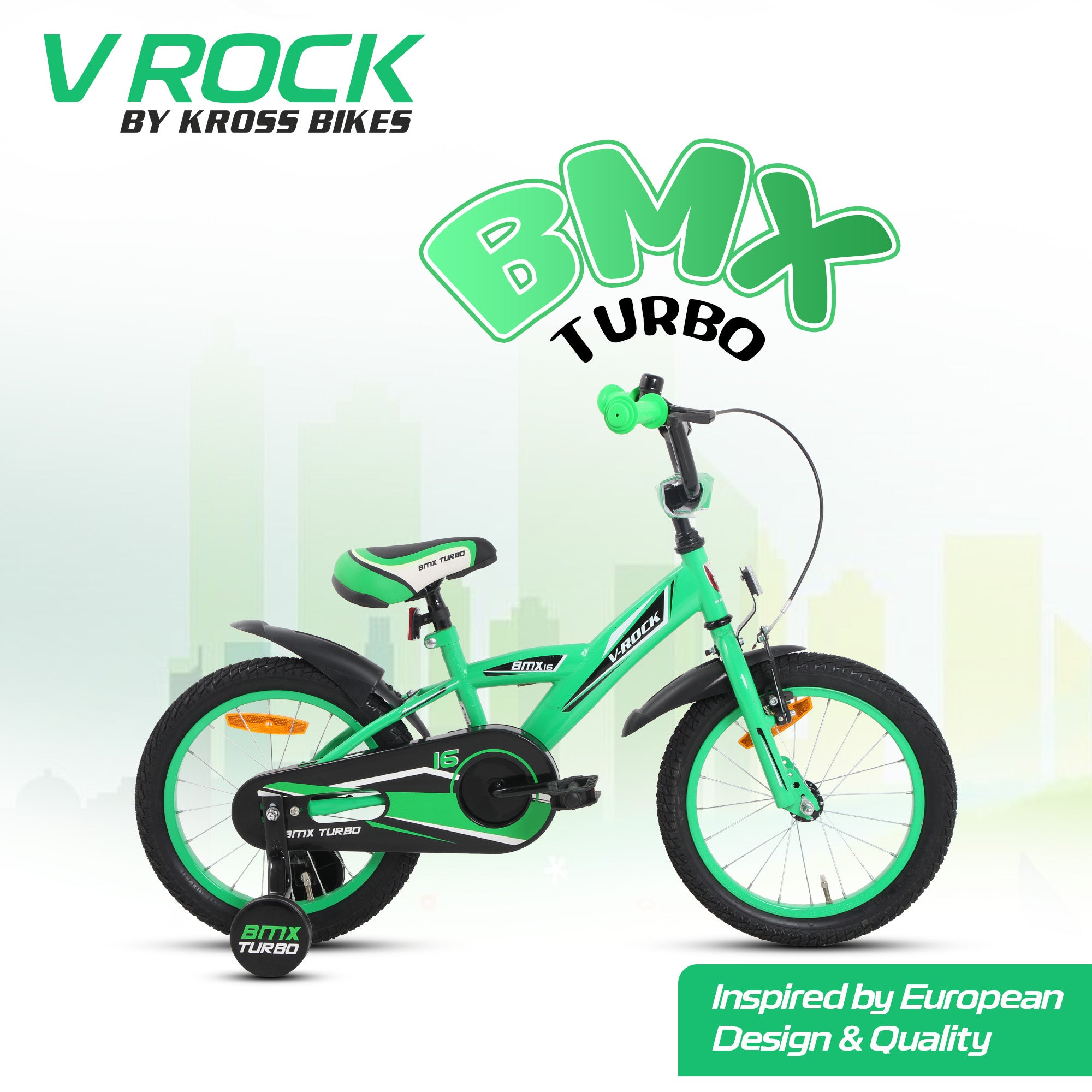 V Rock 16T BMX Turbo Green Kids Bicycle with Training Wheels & Coaster Brake