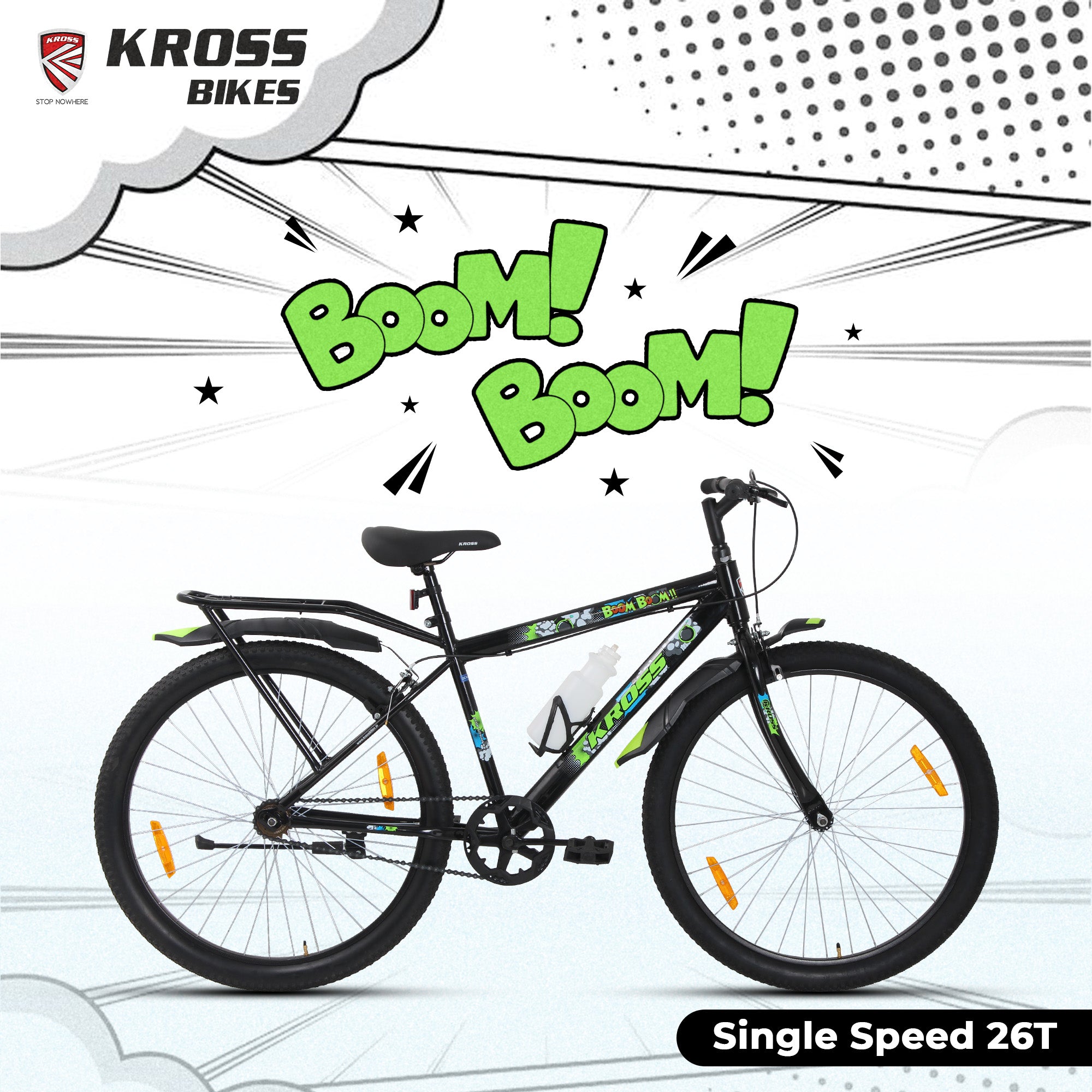 Kross Boom Boom 26T Inbuilt Carrier| Single Speed Mountain Cycle with Caliper Brakes | 26 Inch (Black)