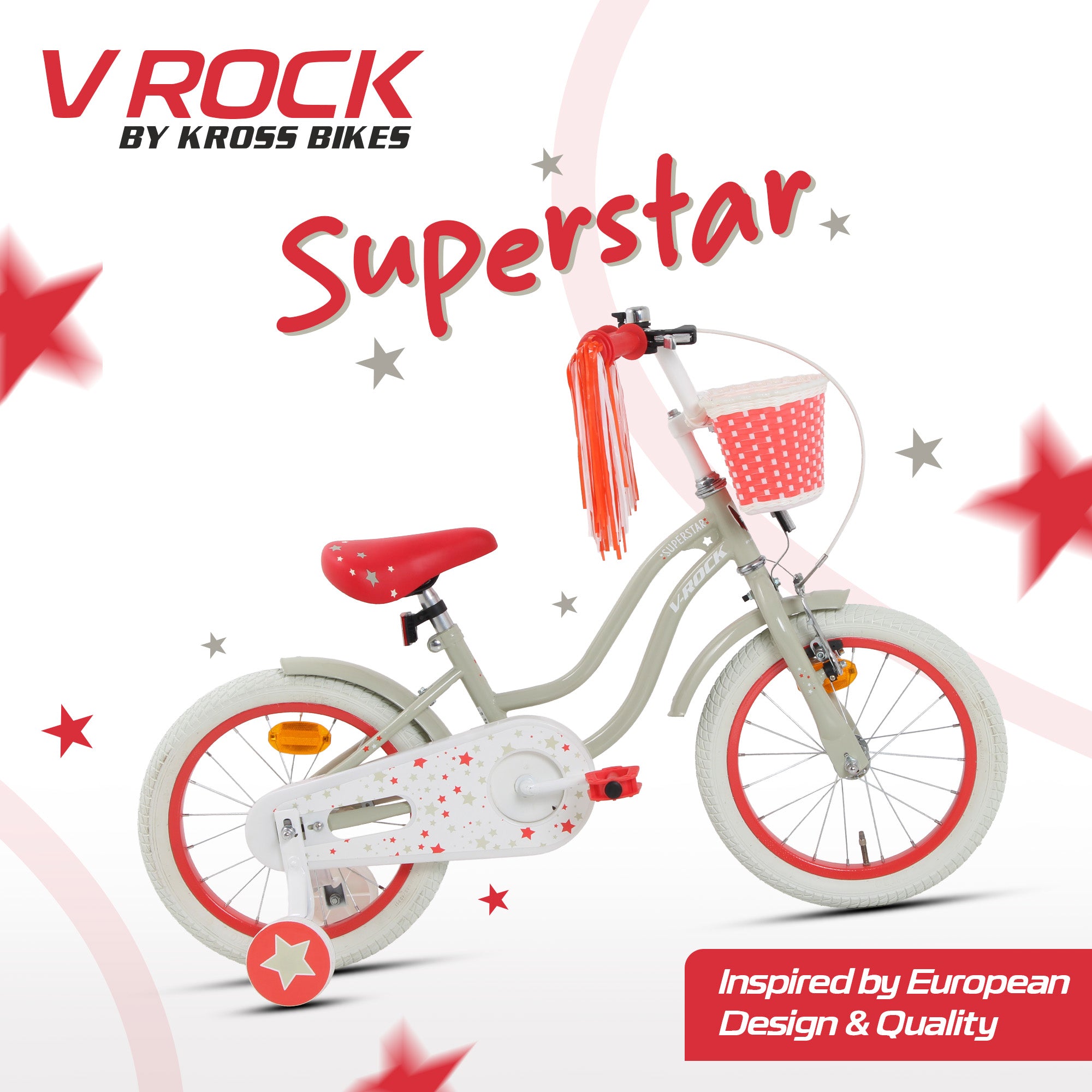 V Rock Superstar 16T Kids Bicycle – Cream | Training Wheels | Basket | Steel Frame