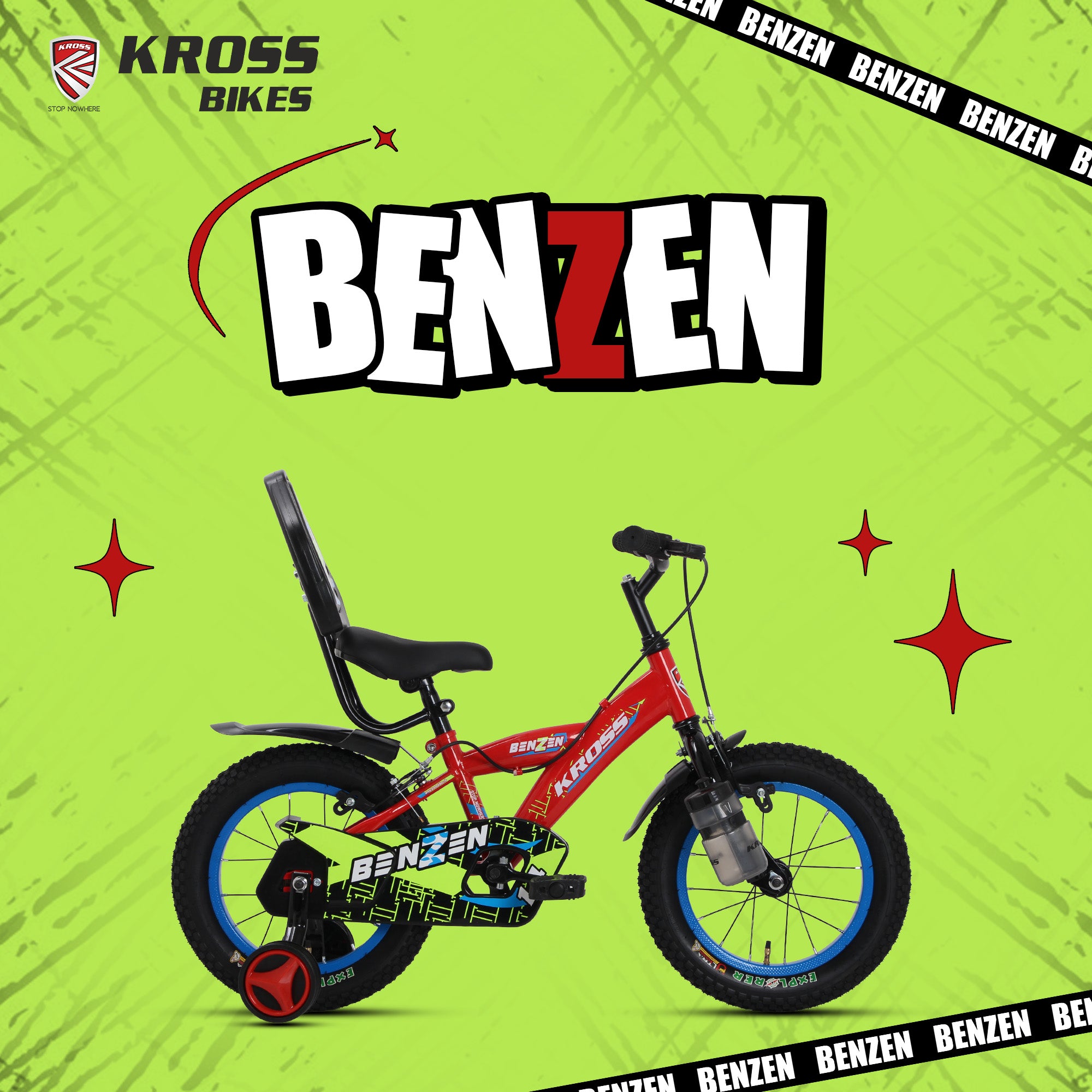 Kross Benzen Crush 14T Kids Cycle with Training Wheels, Back Rest & Bottle – Red