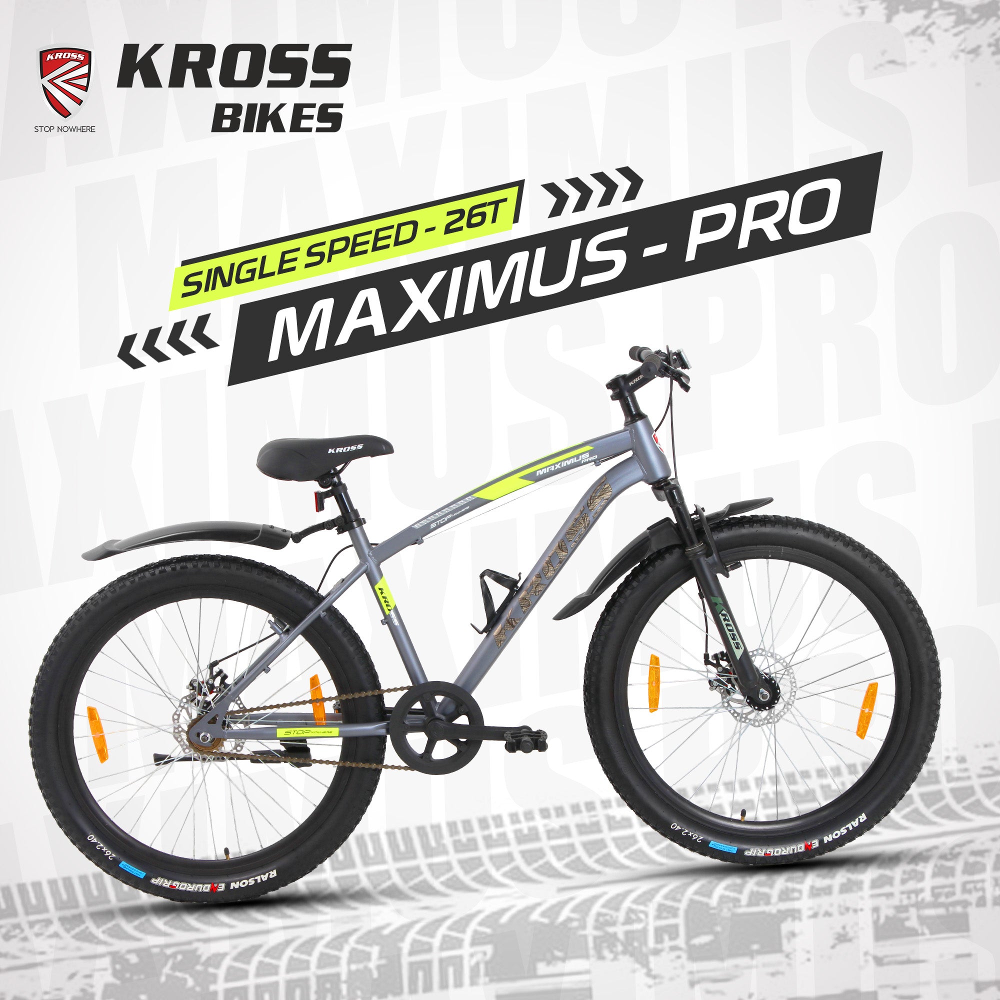 Maximus Pro 26T Single Speed Mountain Bike with Suspension Fork, Dual Disc Brakes, Steel Frame, 2.4” Tyres & Alloy Double-Wall Rims (Grey)