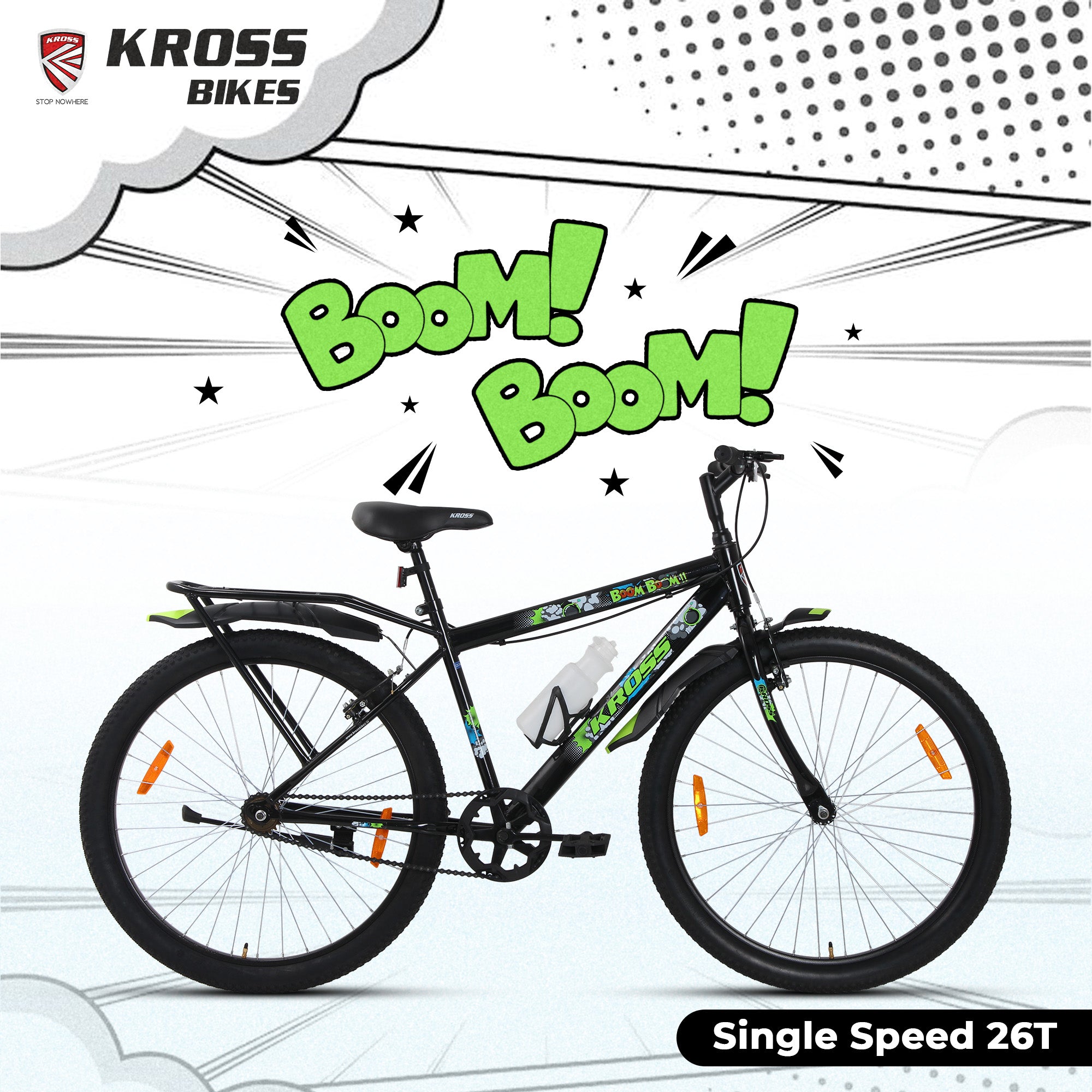 Kross Boom Boom 26T Inbuilt Carrier| Single Speed Mountain Cycle with V-Brakes | 26 Inch (Black)