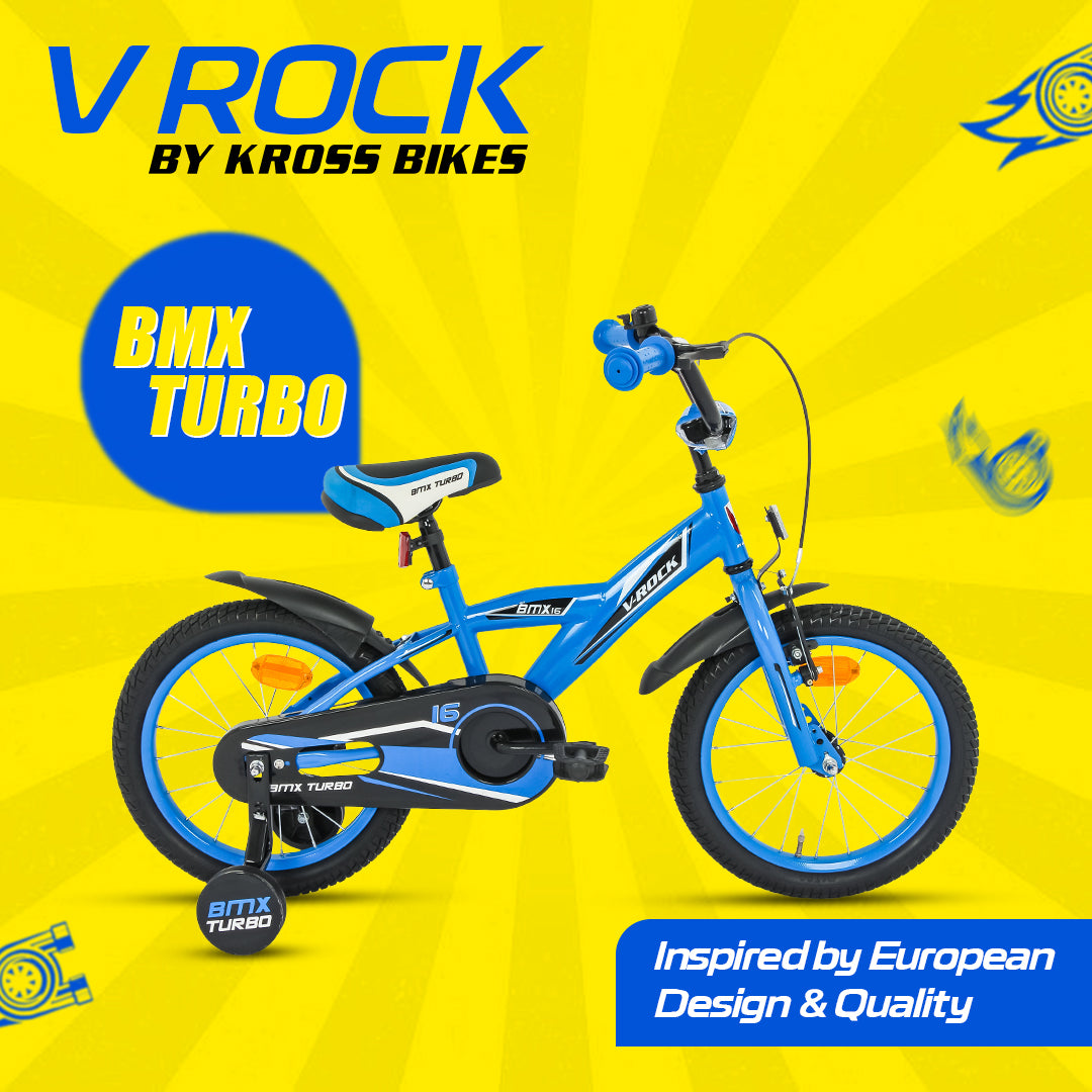 V Rock BMX Turbo 16T Kids Bicycle with Steel Frame, Coaster Hub, V-Brakes, Training Wheels & Mudguards (Turbo Blue)