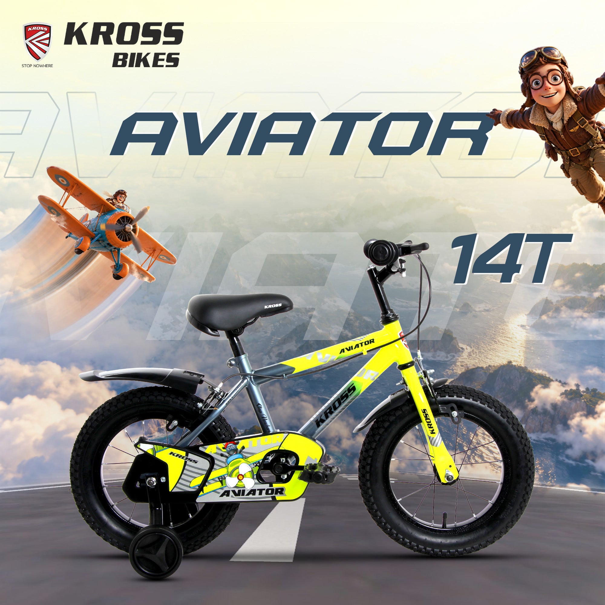 Kross Aviator 14T Kids Bicycle with Training Wheels | Steel Frame | Dual Caliper Brake | Green/Grey