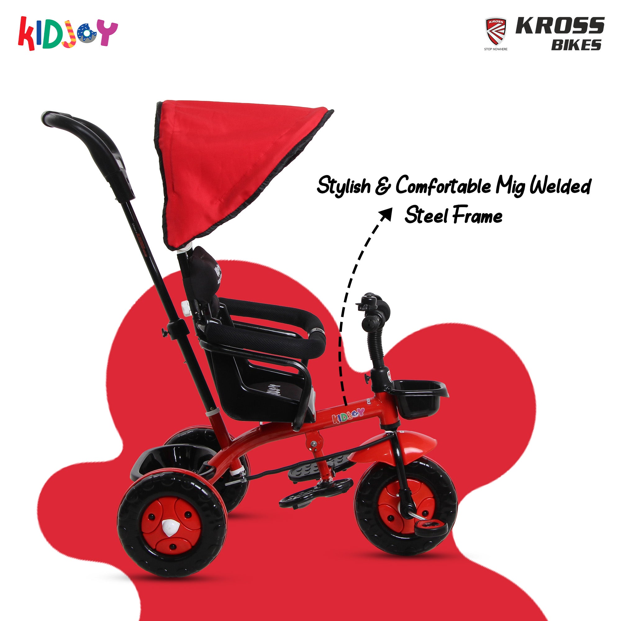 Kidjoy SS-100 Kids Tricycle for 1.5–4 Years with Parental Handle, Canopy & Safety Guard – Steel Frame (Red)