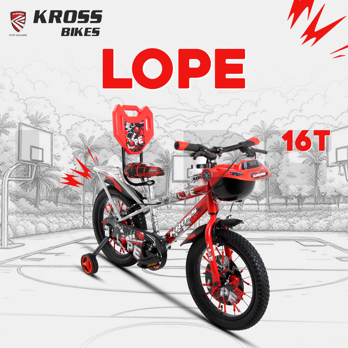 Kross Lope 16T Kids Cycle (16x2.40 Tyre, Dual Color Steel Frame, Caliper Brakes, Basket & Side Wheels, 4–6 Years) with Carrier-Red