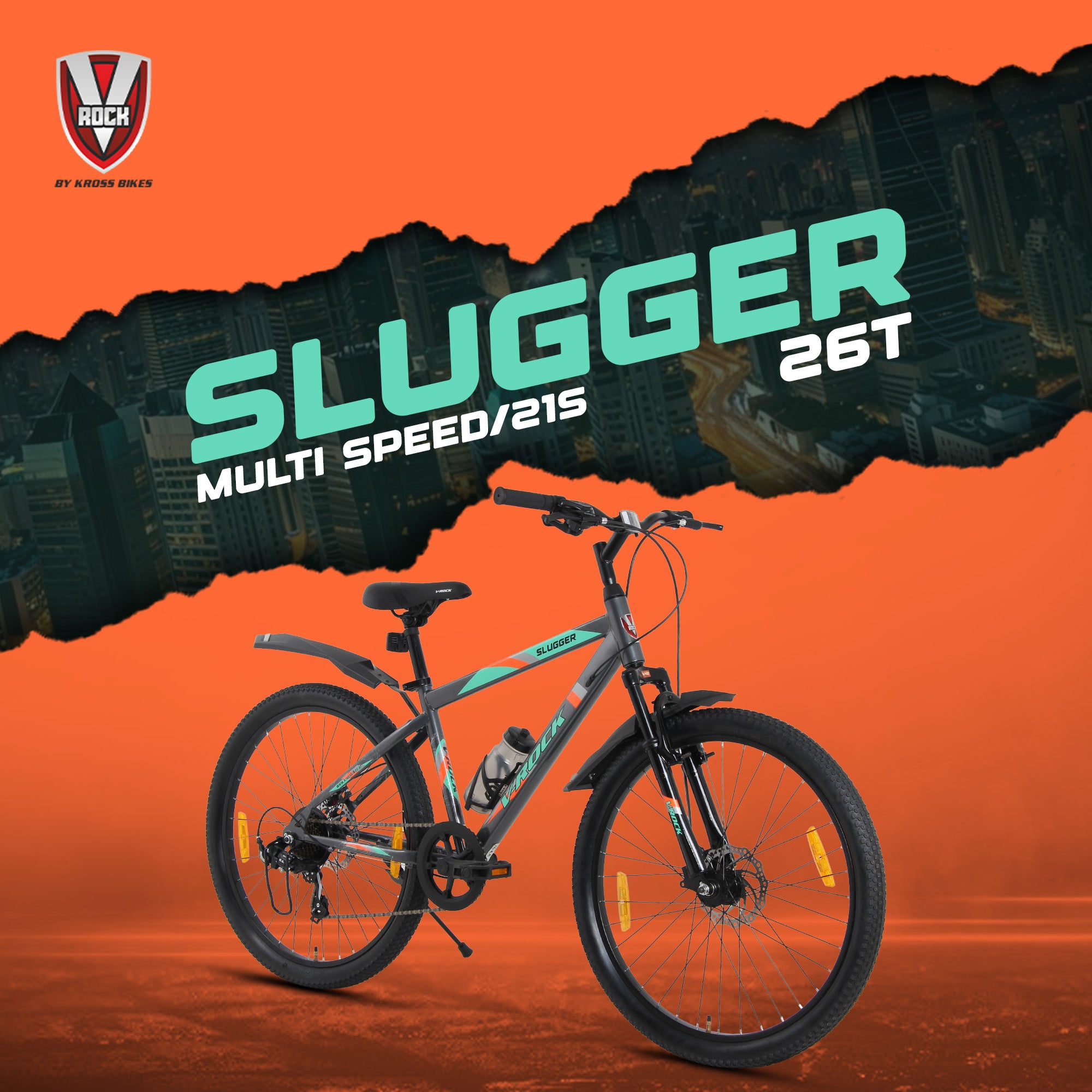 V Rock Slugger 26T 7 Speed Mountain Bike with Suspension Fork, Disc Brakes & Steel Frame (Grey)