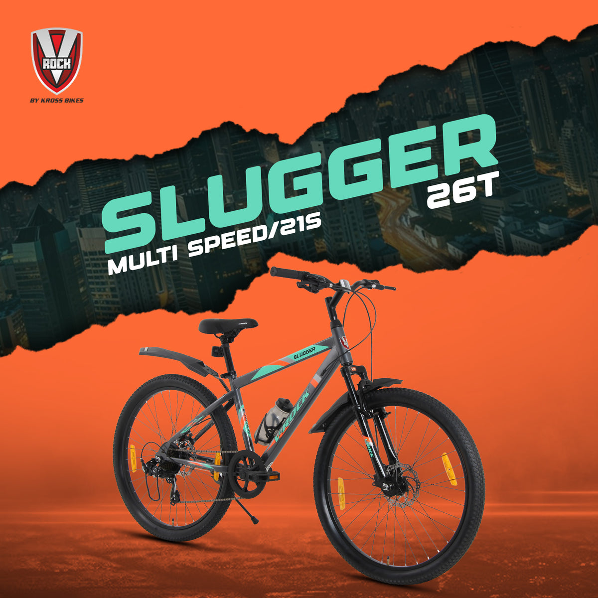 V Rock Slugger 26T 7 Speed Mountain Bike with Suspension Fork, Disc Brakes & Steel Frame (Grey)