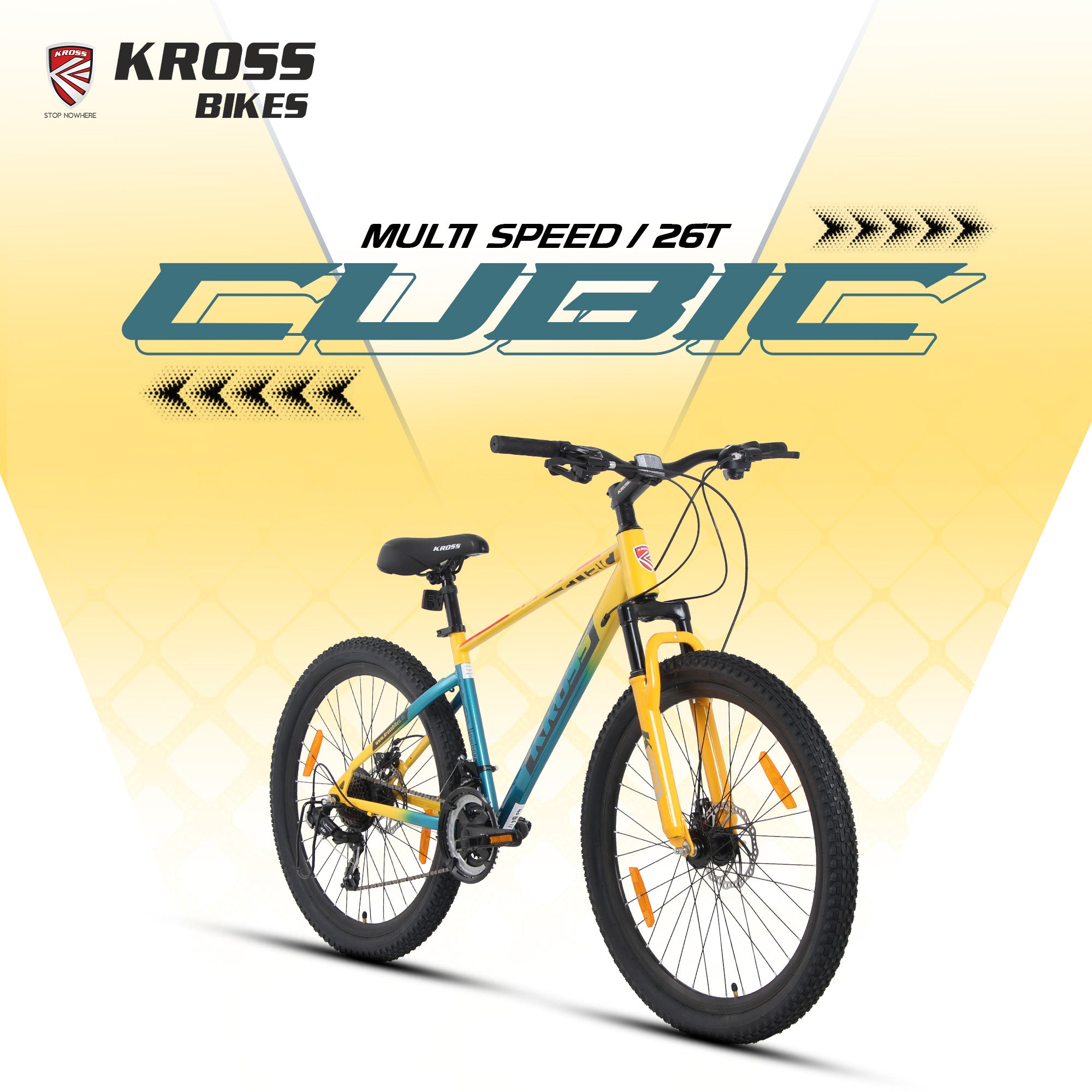 Kross Cubic 26T Mountain Bike with 21-Speed Gears, Front Suspension, Dual Disc Brakes, Alloy Frame, Green/Yellow