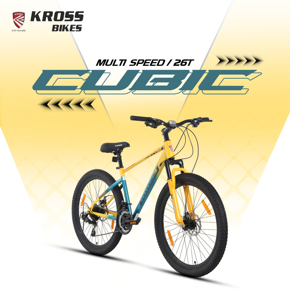 Kross Cubic 26T Mountain Bike with 21-Speed Gears, Front Suspension, Dual Disc Brakes, Alloy Frame, Green/Yellow