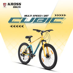 Kross Cubic 26T Mountain Bike with 21-Speed Gears, Front Suspension, Dual Disc Brakes, Alloy Frame, Green/Yellow