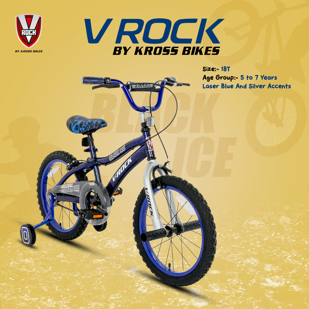 V Rock Black Ice 18T Kids Bicycle | Steel Frame | Training Wheels | Front & Rear Caliper Brakes
