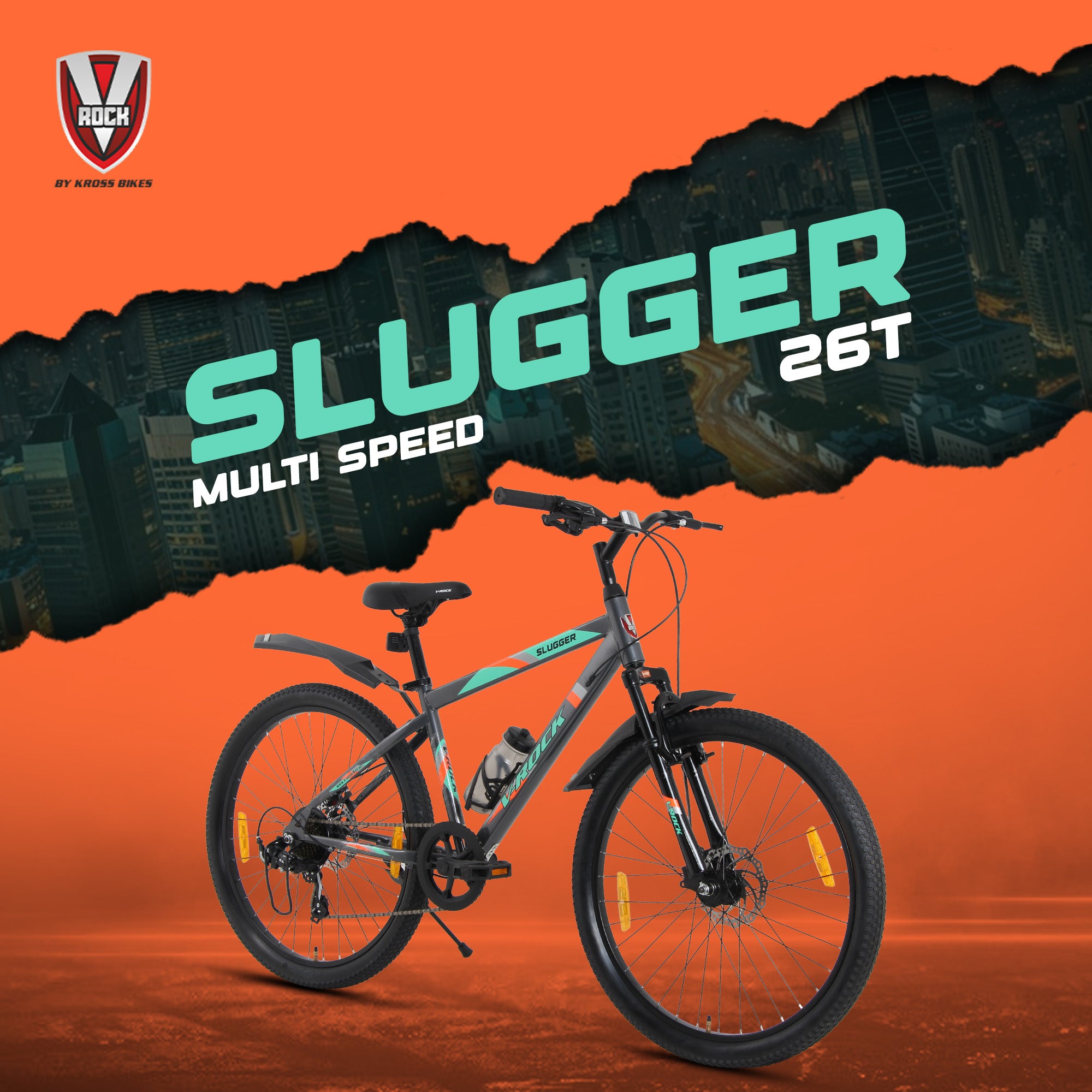 V Rock Slugger 26T 7 Speed Mountain Bike with Suspension Fork, Disc Brakes & Steel Frame (Grey)
