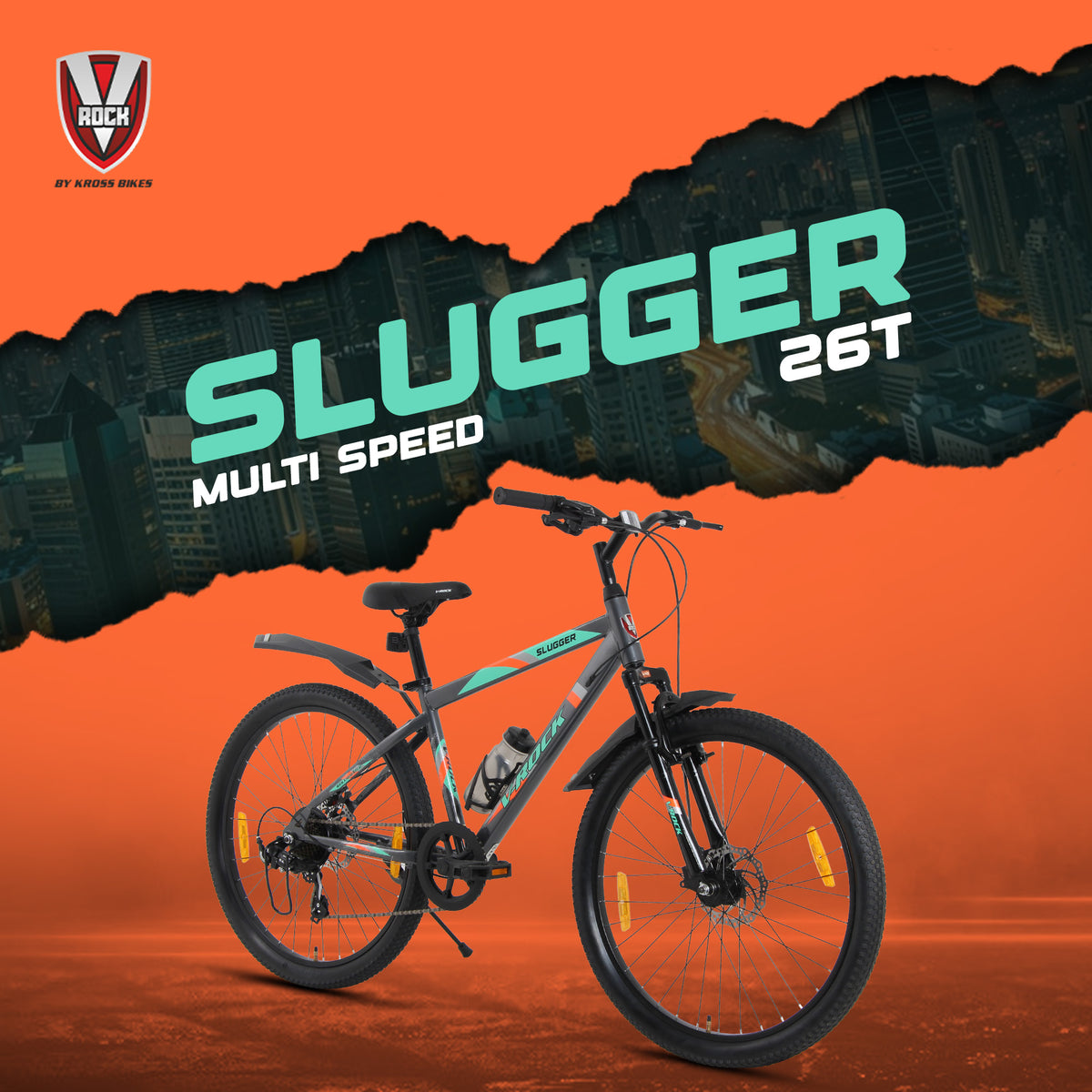 V Rock Slugger 26T 7 Speed Mountain Bike with Suspension Fork, Disc Brakes & Steel Frame (Grey)
